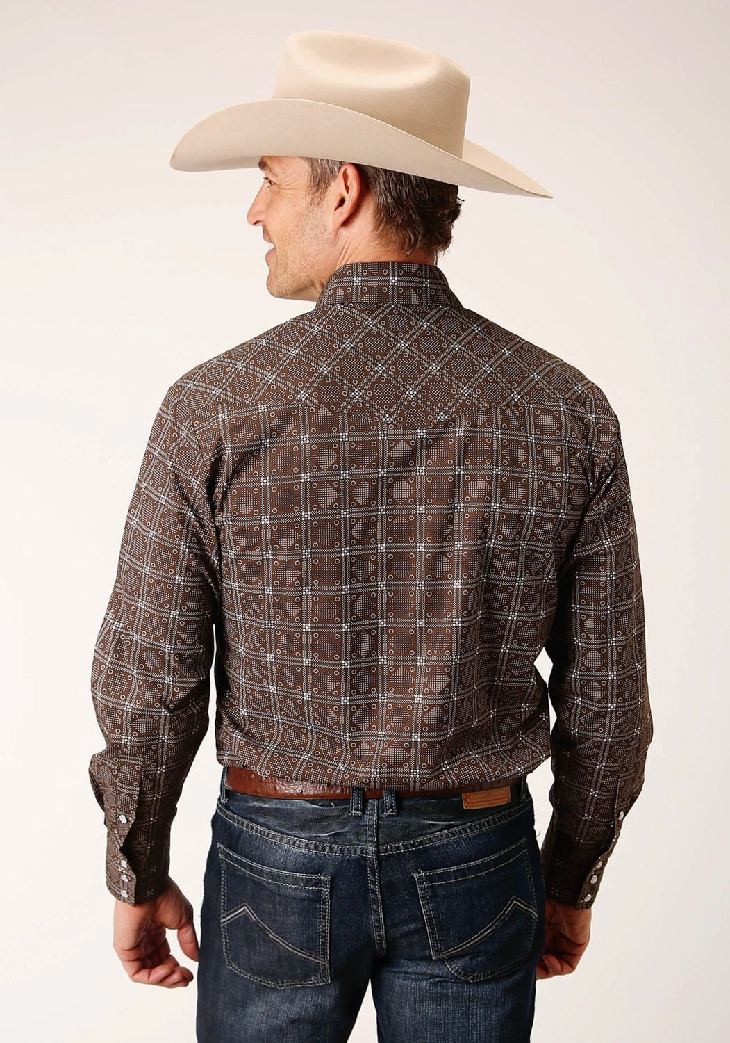 Holiday Gift Flexible Placket Structure Roper Mens Retro Print Brown Cotton Blend L/S Shirt