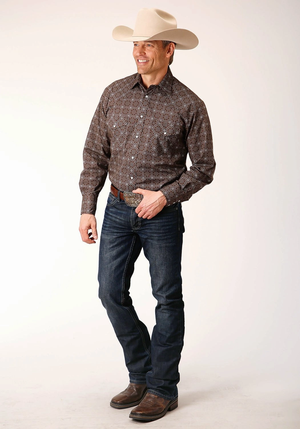 Roper Mens Retro Print Brown Cotton Blend L/S Shirt Ruffle Edge