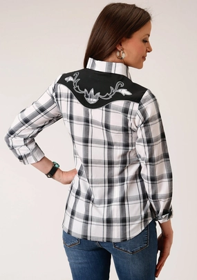slim cut Roper Womens 1505 Plaid Black/Grey Cotton Blend L/S Shirt
