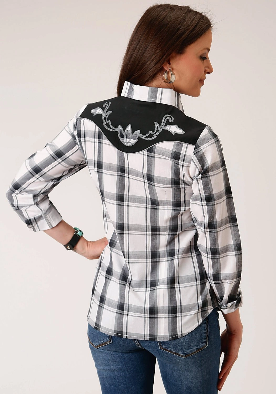 Timeless Piece Athleisure Wear Roper Womens 1505 Plaid Black/Grey Cotton Blend L/S Shirt