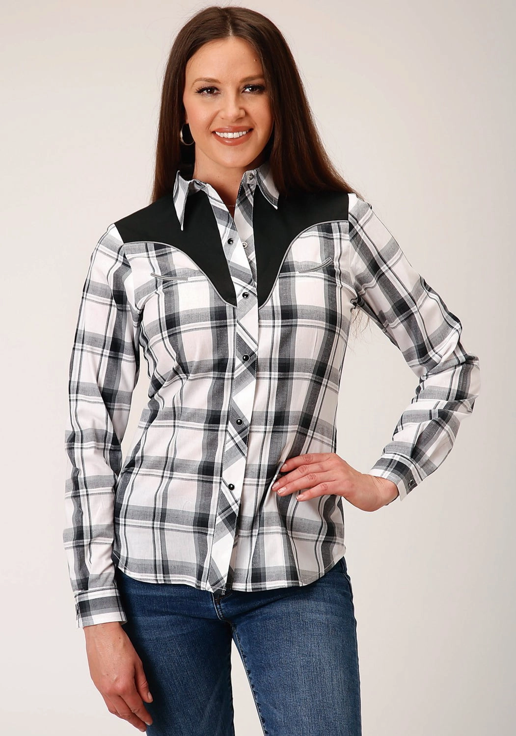 Plus Size Modern Style Roper Womens 1505 Plaid Black/Grey Cotton Blend L/S Shirt