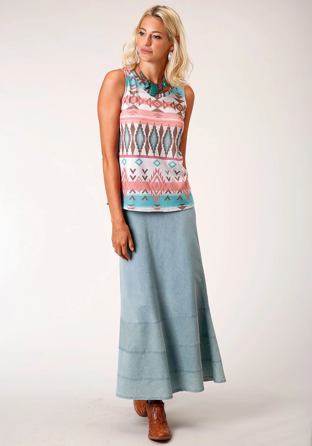 Roper Womens Multi-Color Polyester Pastel Aztec S/L Tank Top Pocket Detailing Urban Edge