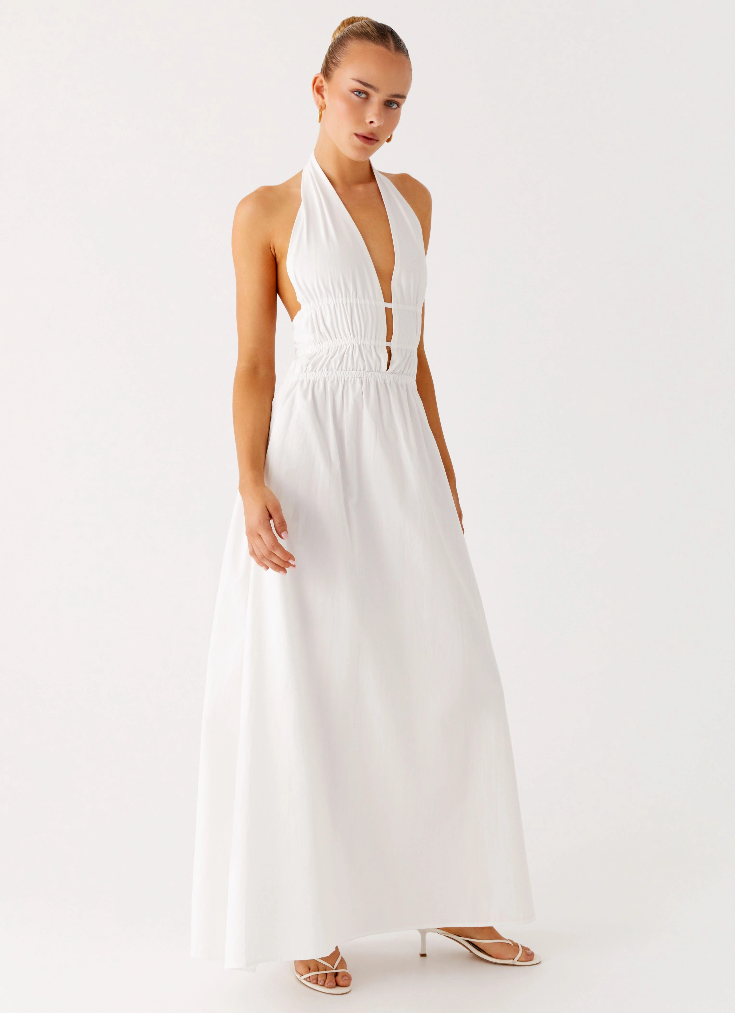Warm and Fashionable Cold Layer Figaro Halter Maxi Dress - White