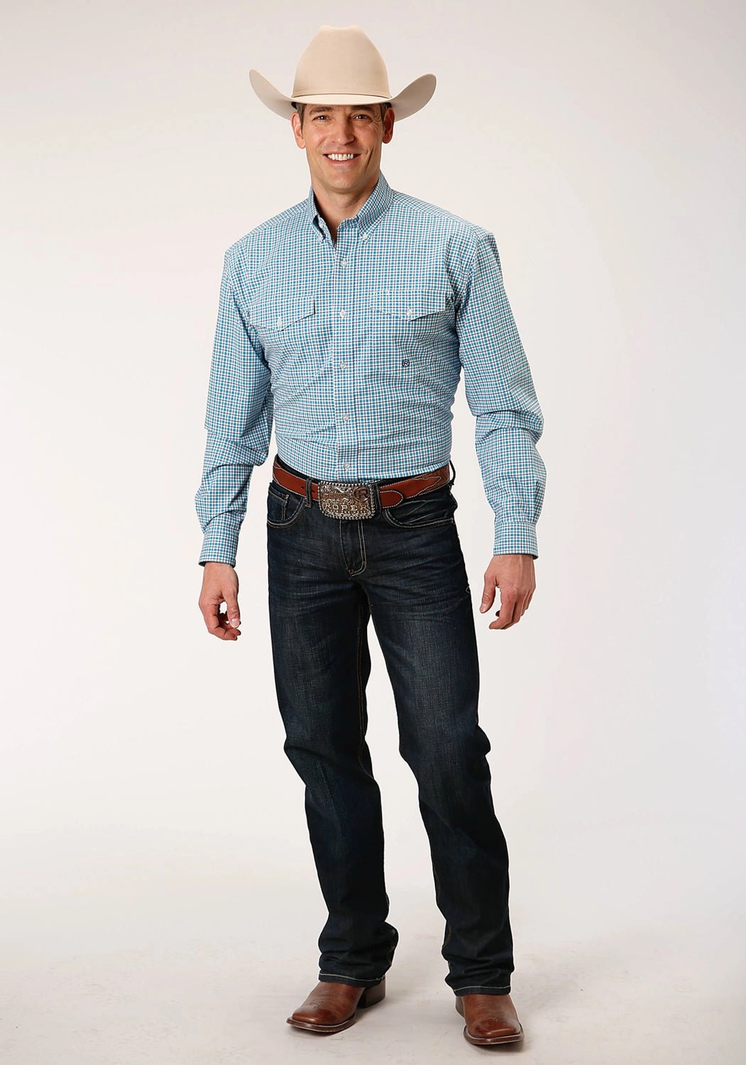 Winter Retreat Roper Mens Turquoise Cotton Blend Stretch Check BD L/S Button Shirt