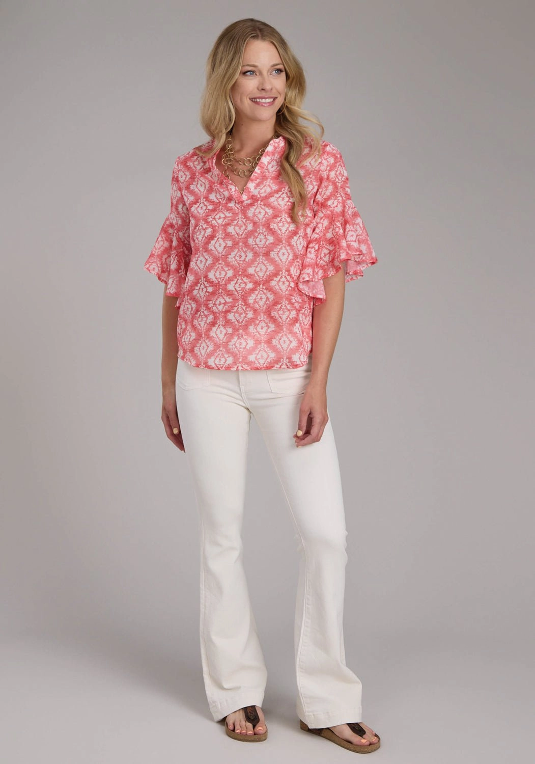 Wrinkle-Resistant Comfort Fit Roper Womens 2423 Ikat Aztec Pink/White 100% Polyester S/S Blouse