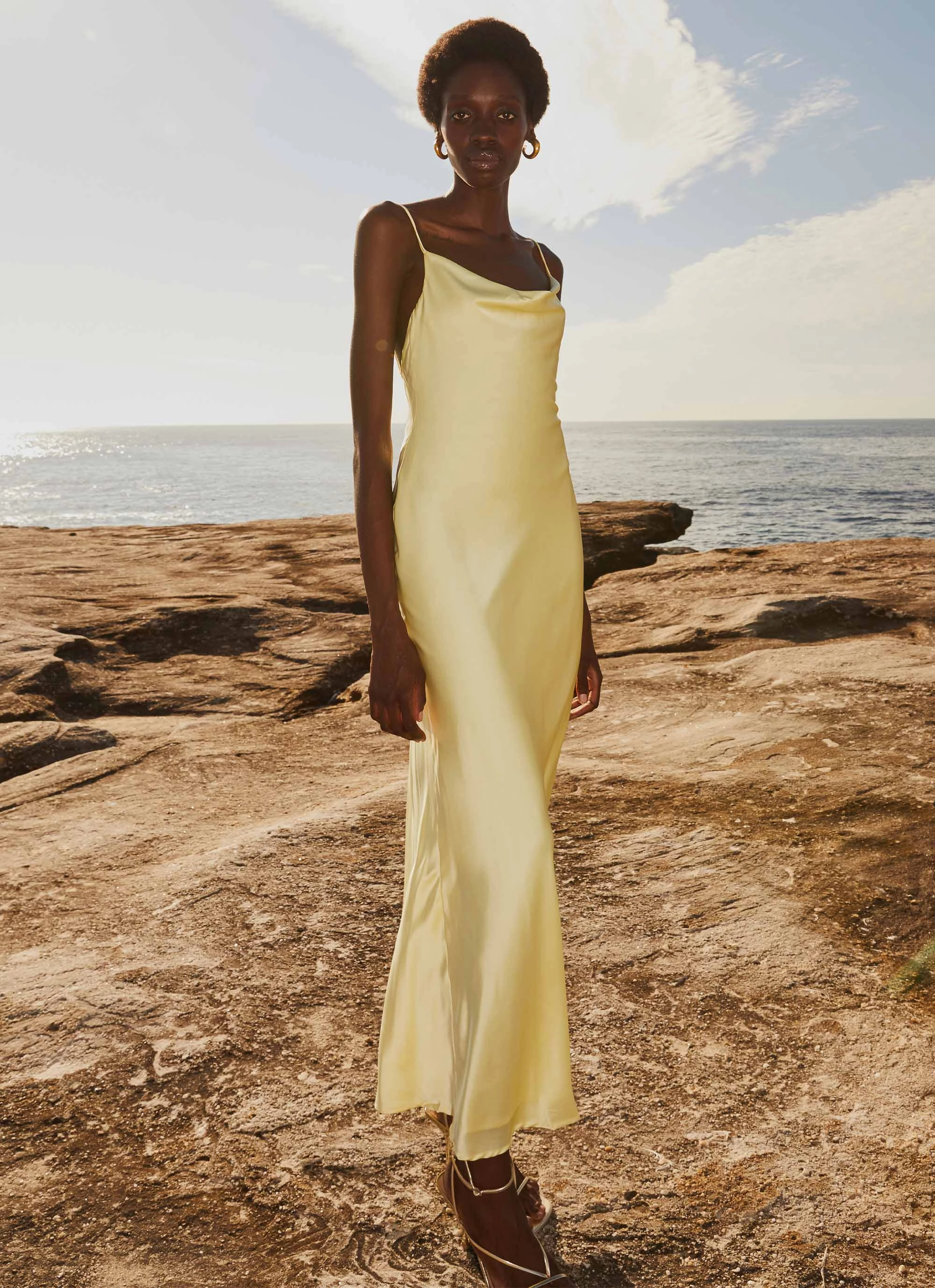 Warm Fashion Autumn Outerwear Joanna Satin Maxi Dress - Lemon