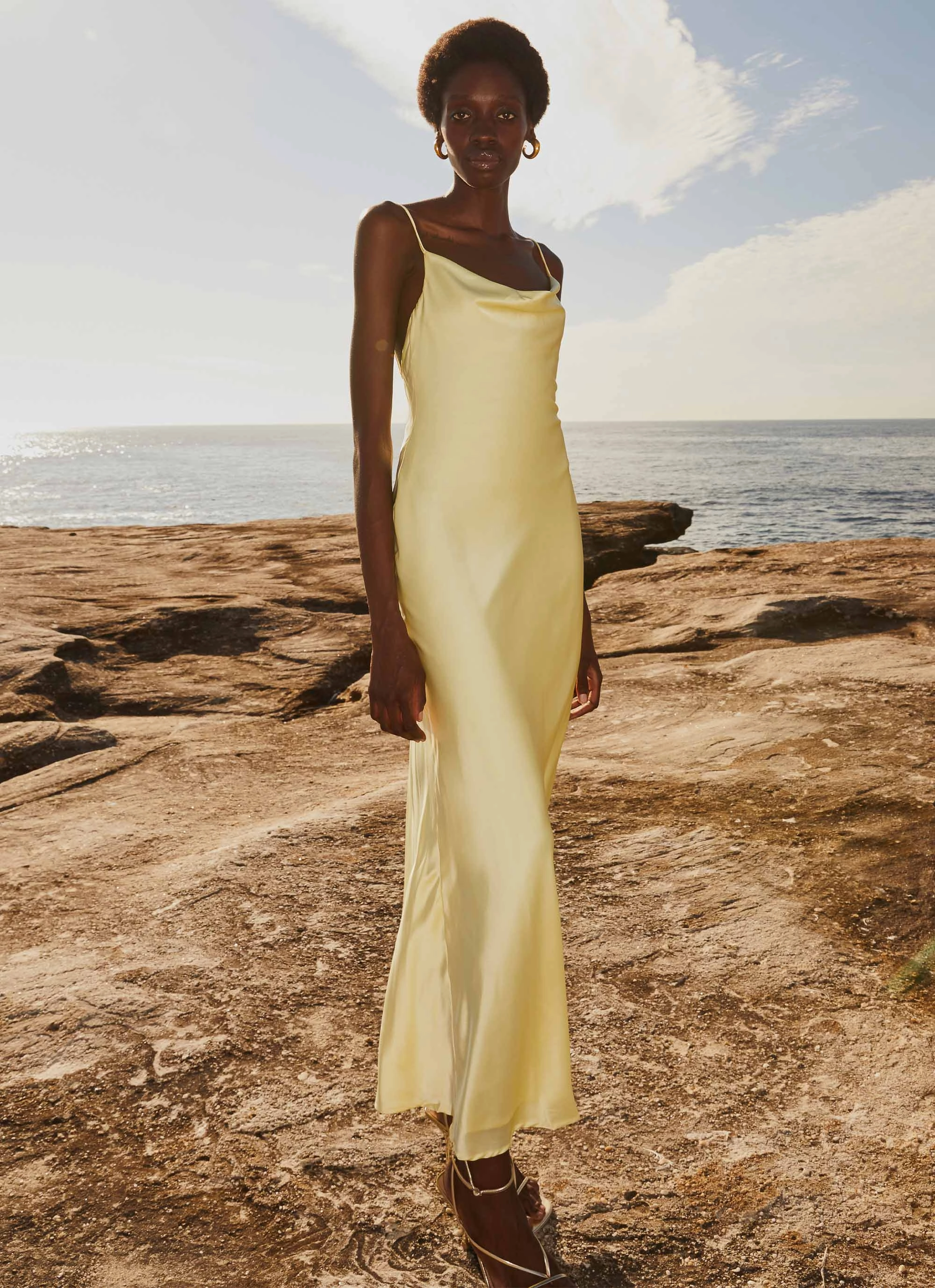 Joanna Satin Maxi Dress - Lemon Classic Jacket Urban Fashion