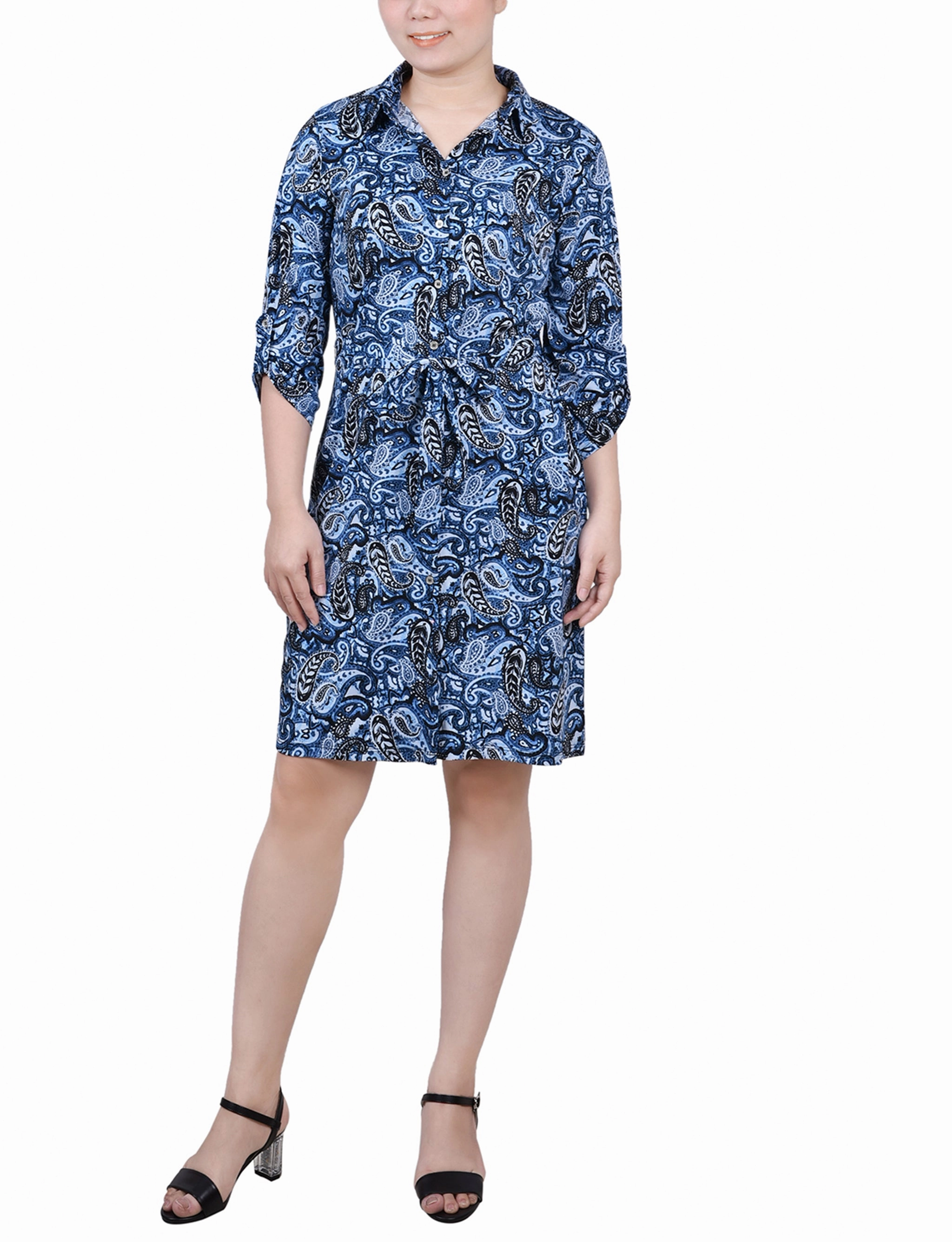 Summer Outfit Petite 3/4 Roll Tab Sleeve Collared Dress