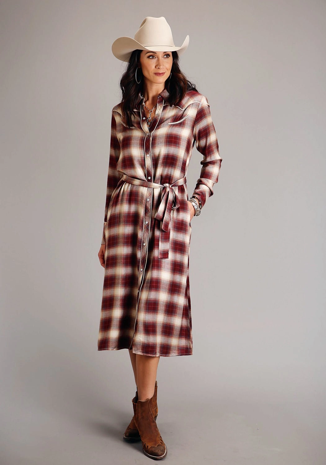 Overlock Edge Finish Breathable Texture Stetson Womens Black Cherry Ombre Red 100% Rayon L/S Dress