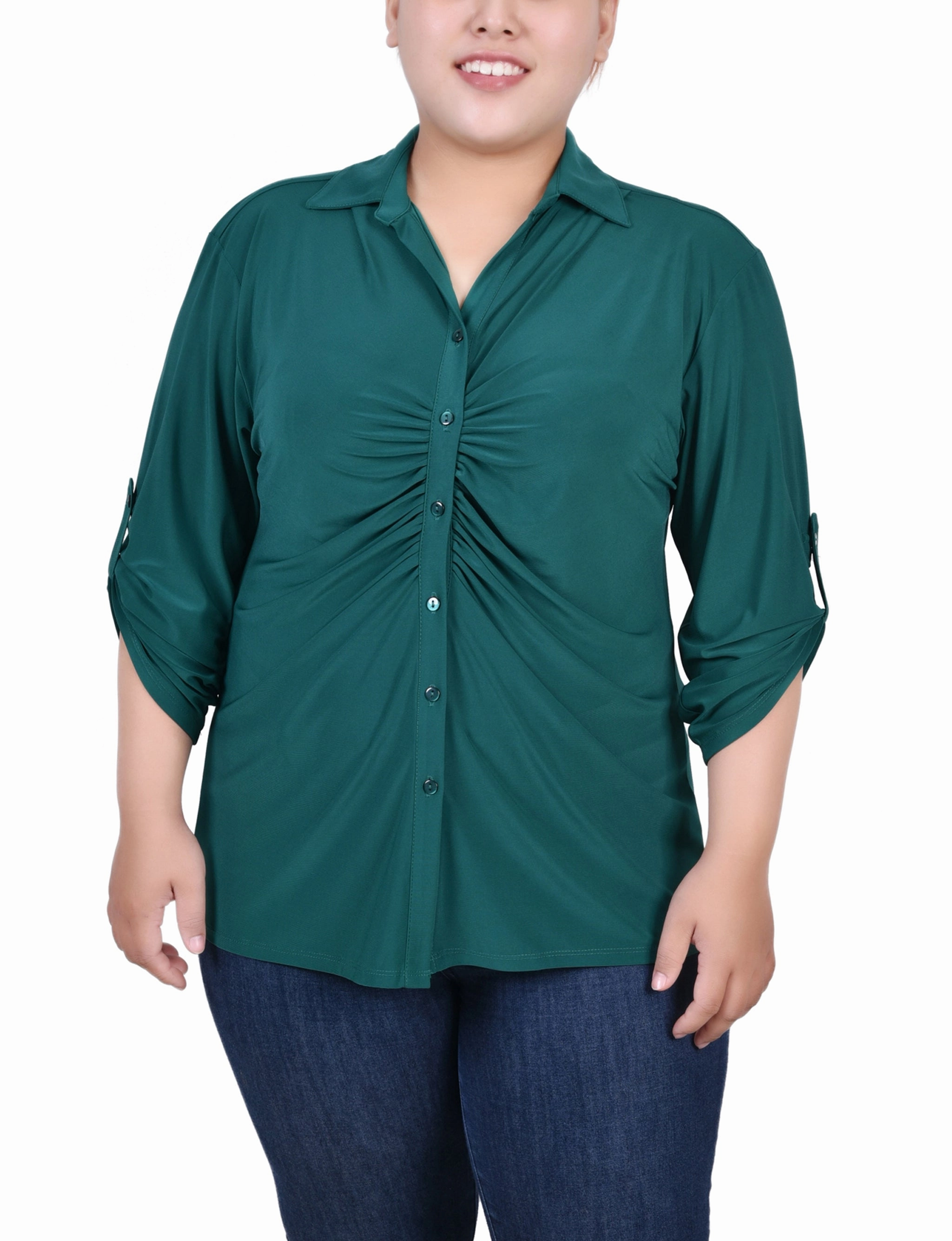 Plus Size 3/4 Roll Tab Rouched-Front Top QuickDryConstruction MoistureControl