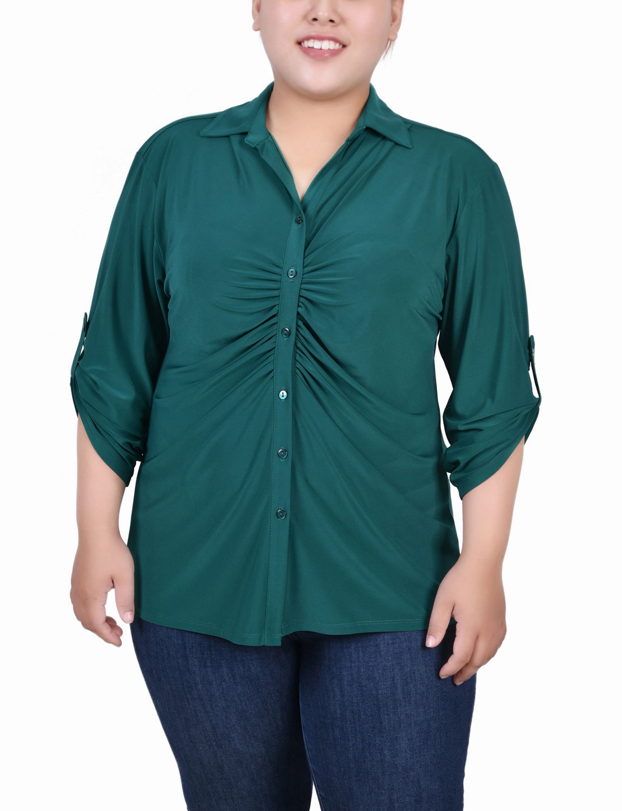 Durable Stitching AllDay Comfort Design Plus Size 3/4 Roll Tab Rouched-Front Top