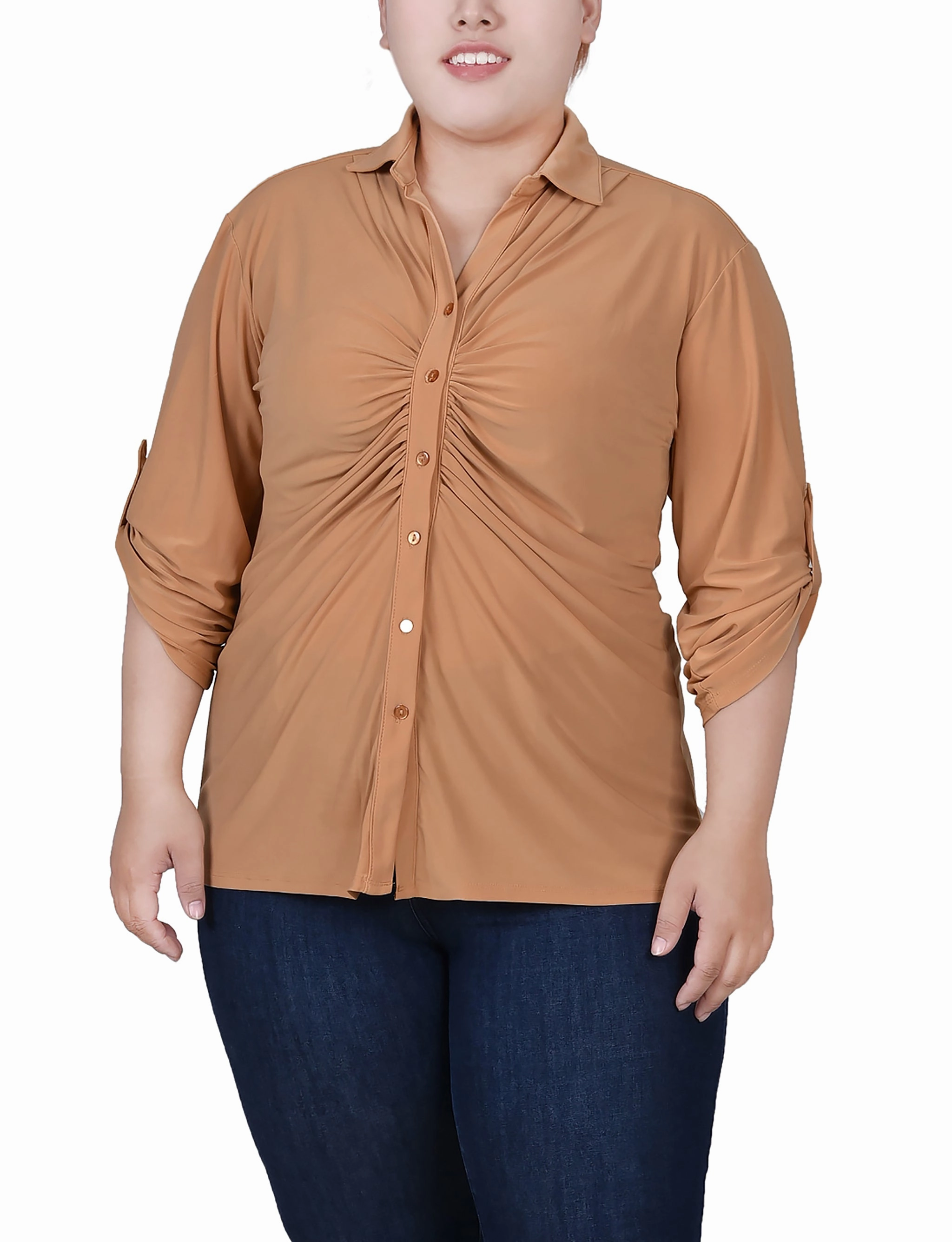 Polished Wear Vibrant Spirit Plus Size 3/4 Roll Tab Rouched-Front Top