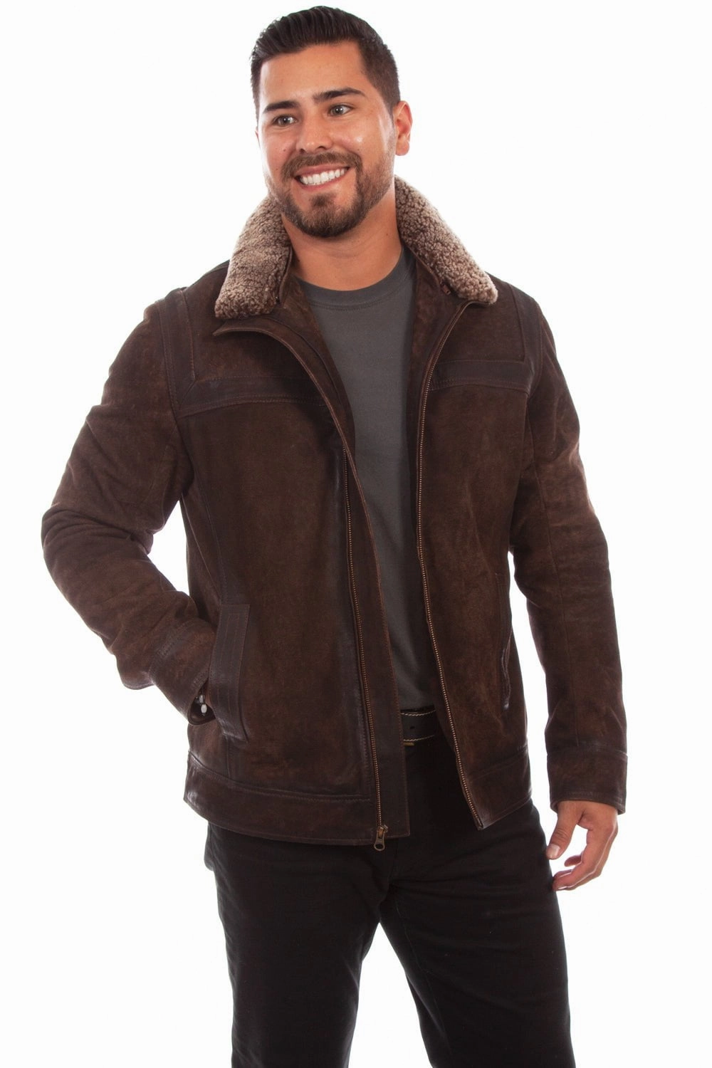 Down Filled Scully Mens Chocolate Leather Zip-Out Shearling Jacket