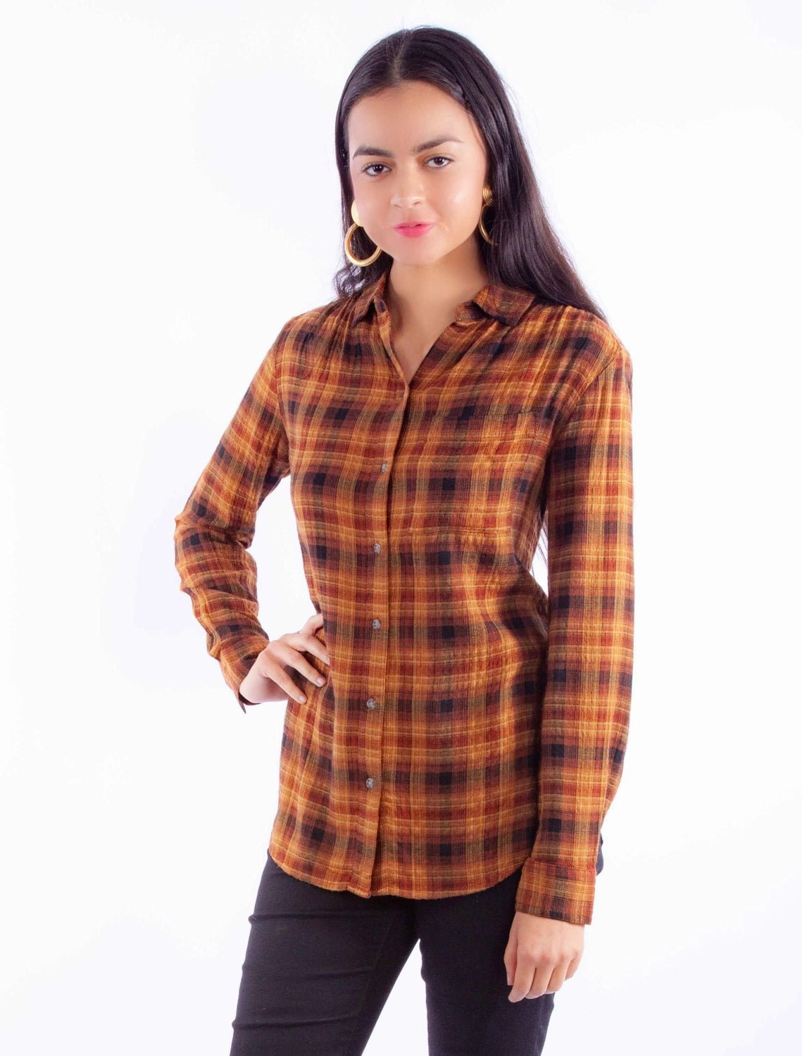 Scully Womens Seersucker Plaid Autumn Rayon Blend L/S Blouse No Chafe Edging