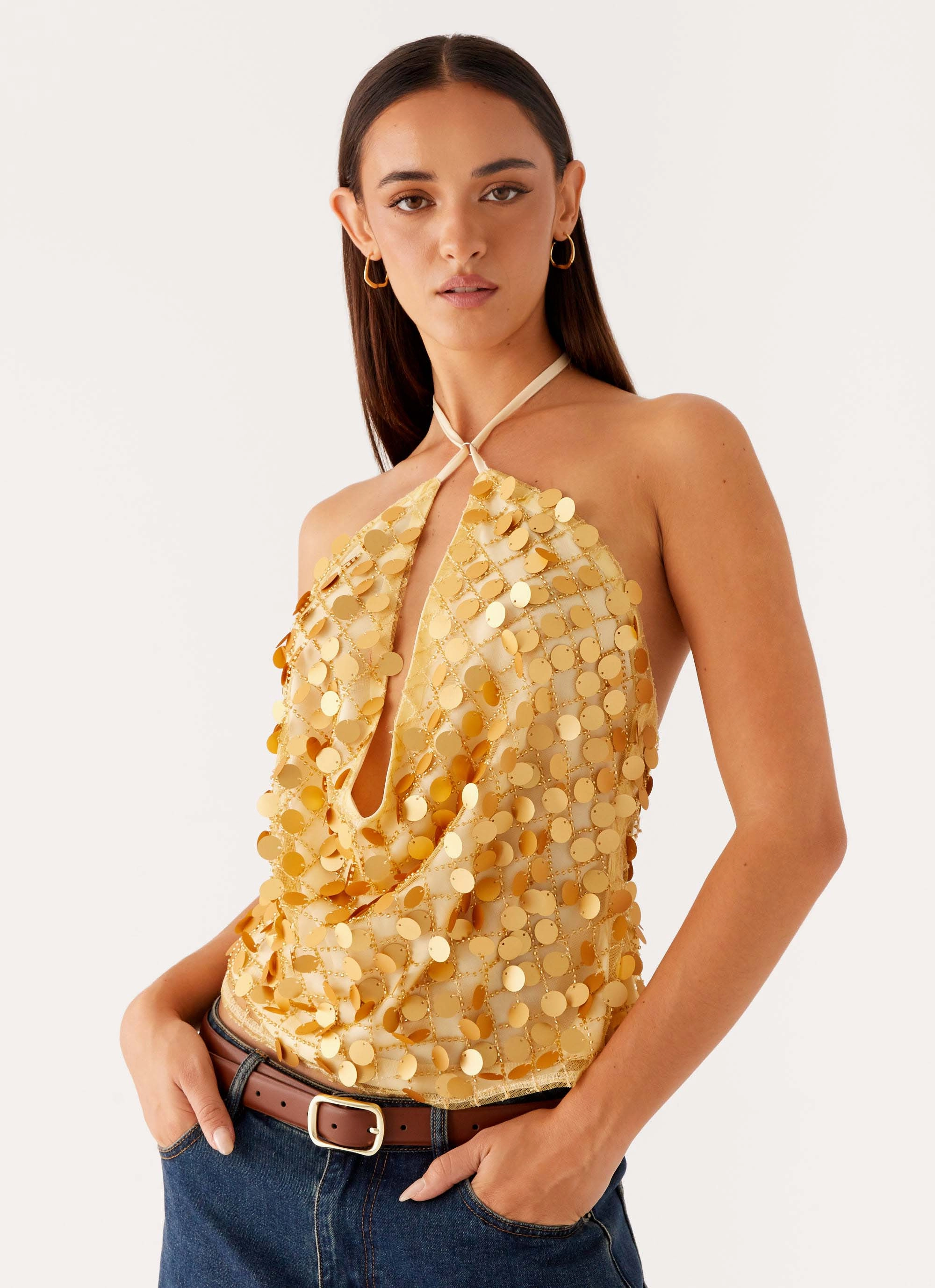 Xander Sequin Halter Top - Gold AdjustableCuffSystem