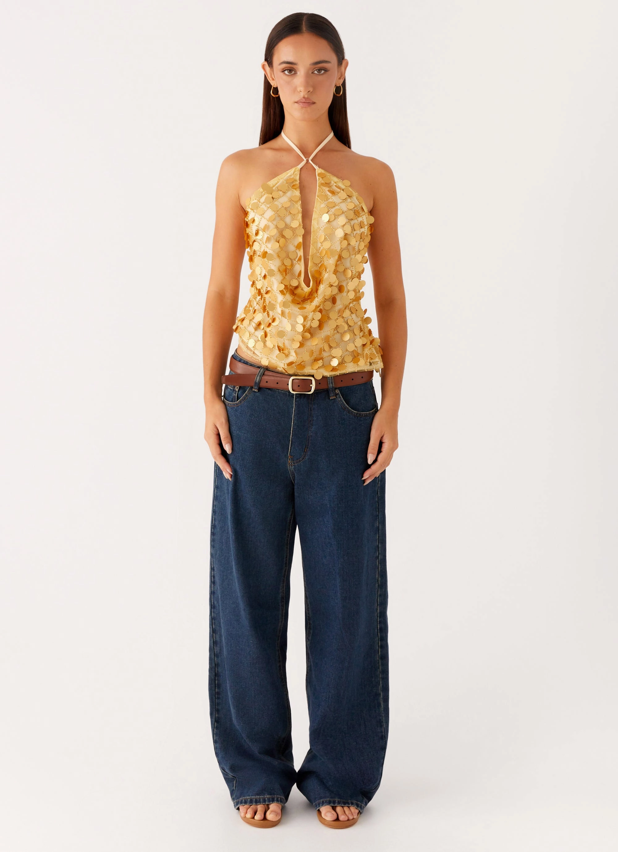 Xander Sequin Halter Top - Gold Yarn Dyed Pattern Cloth Hybrid Fabric Blend