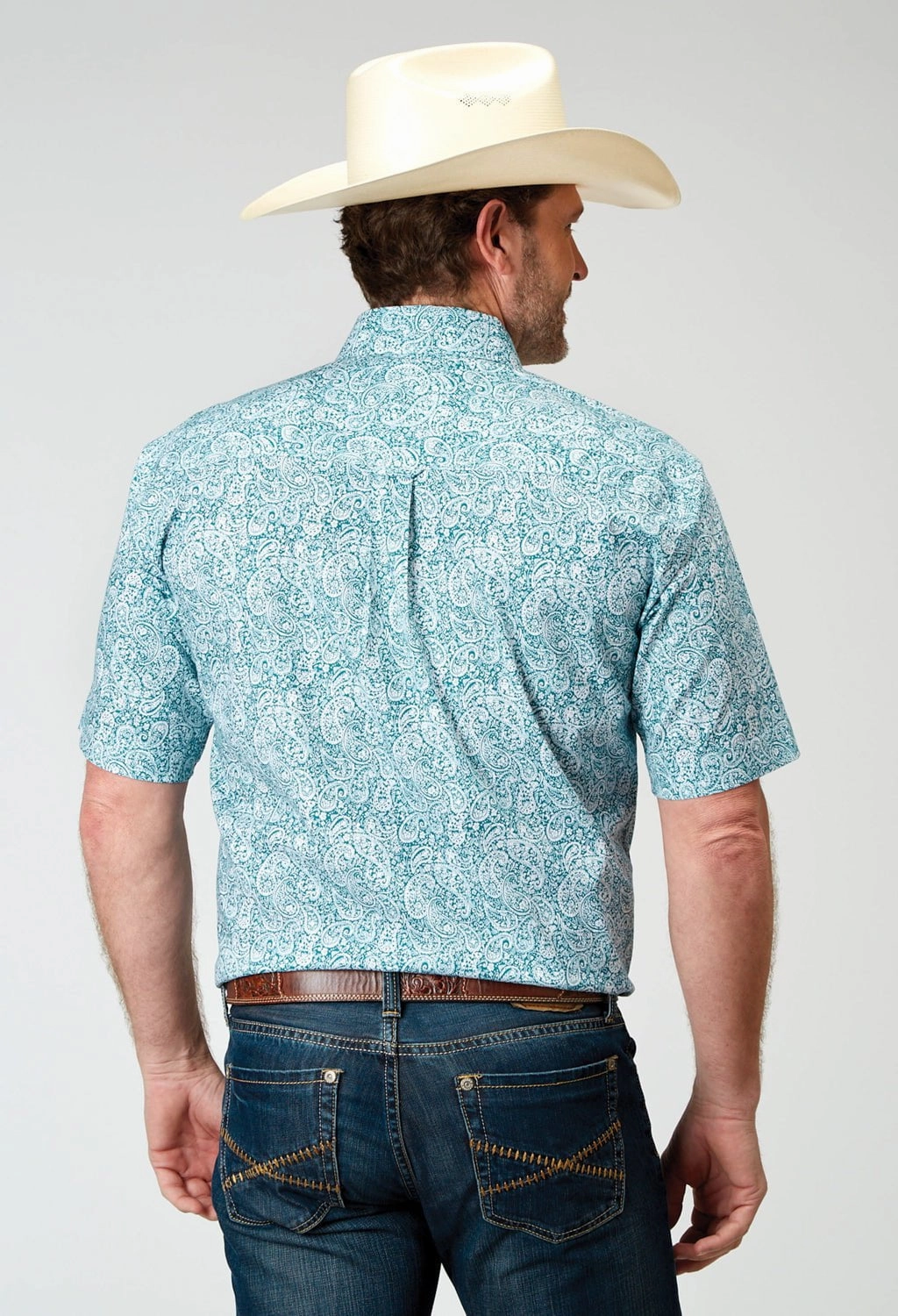 Roper Mens Poplin Paisley Teal Cotton Blend S/S Shirt Sophisticated Elegance