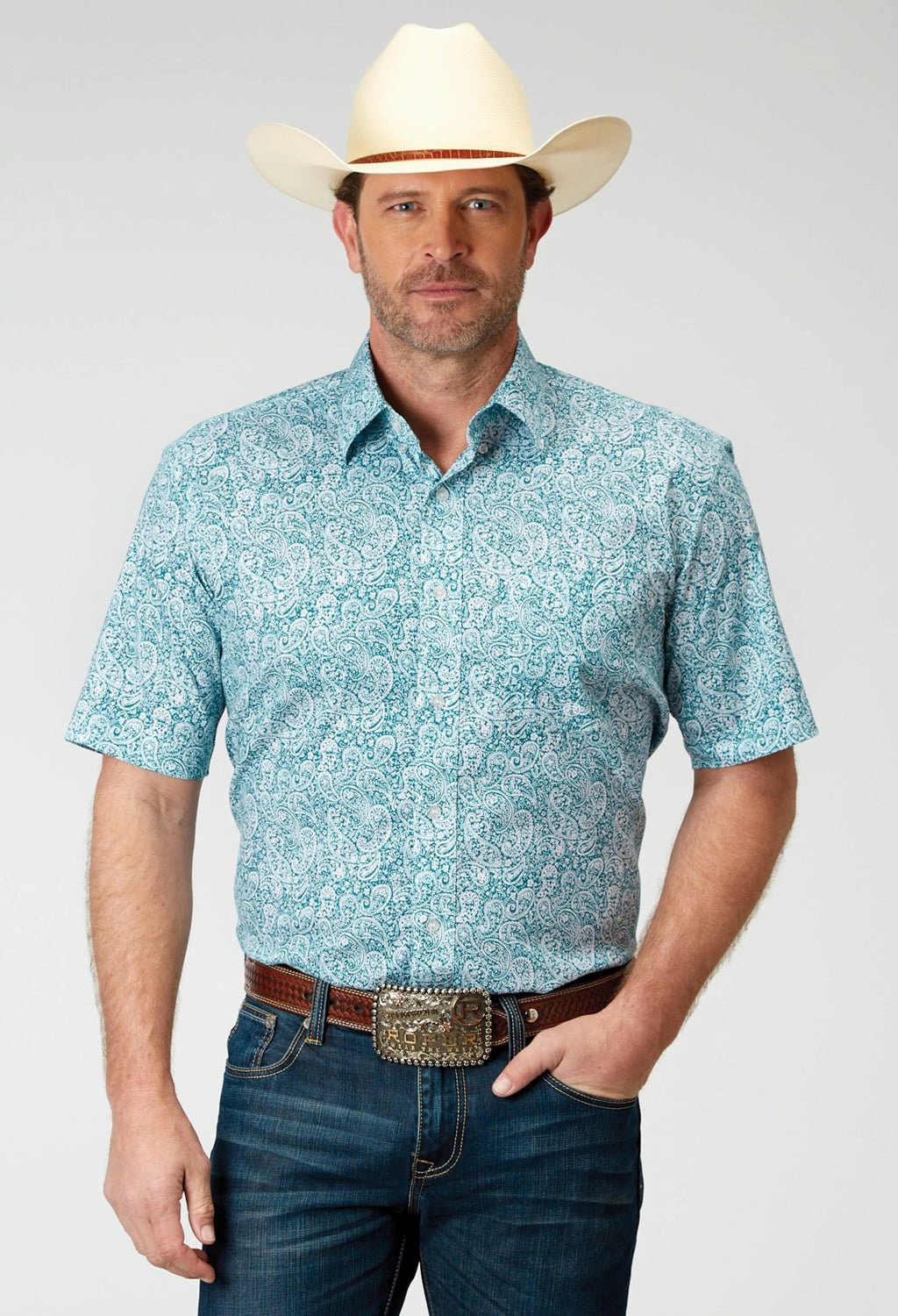 Roper Mens Poplin Paisley Teal Cotton Blend S/S Shirt Urban Wear