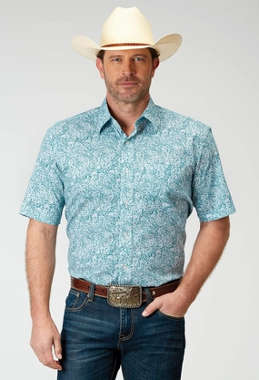 Roper Mens Poplin Paisley Teal Cotton Blend S/S Shirt Urban Wear