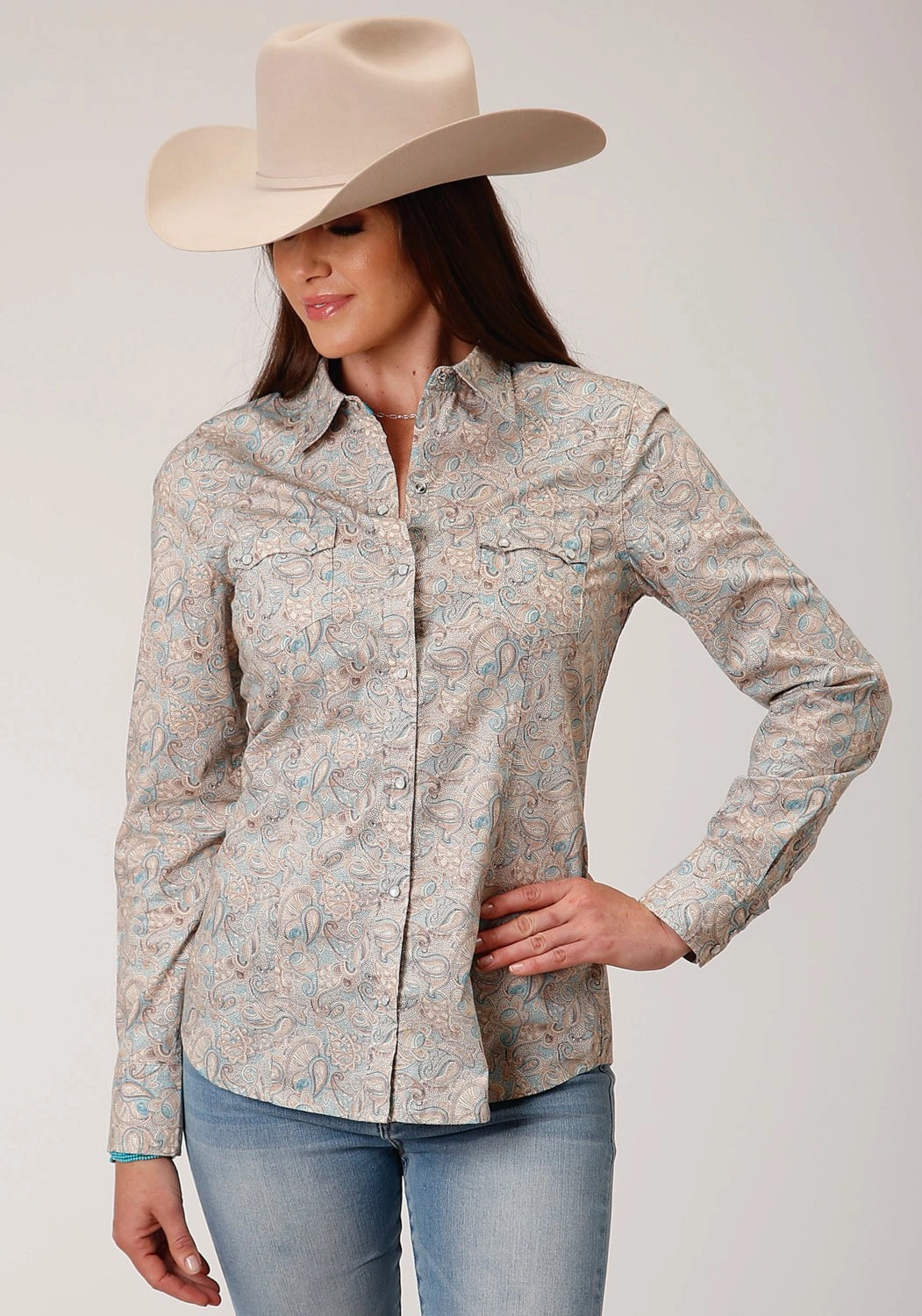 networking event Soft Collar Design Roper Womens Dot Paisley Print Brown 100% Cotton L/S Shirt