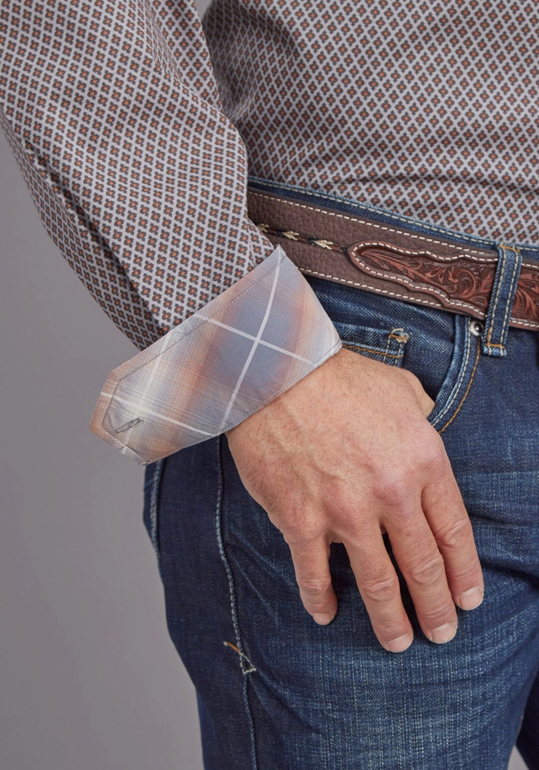 Stetson Mens 2145 Mini Foulard Grey 100% Cotton 1 Pkt L/S Shirt Oversized style