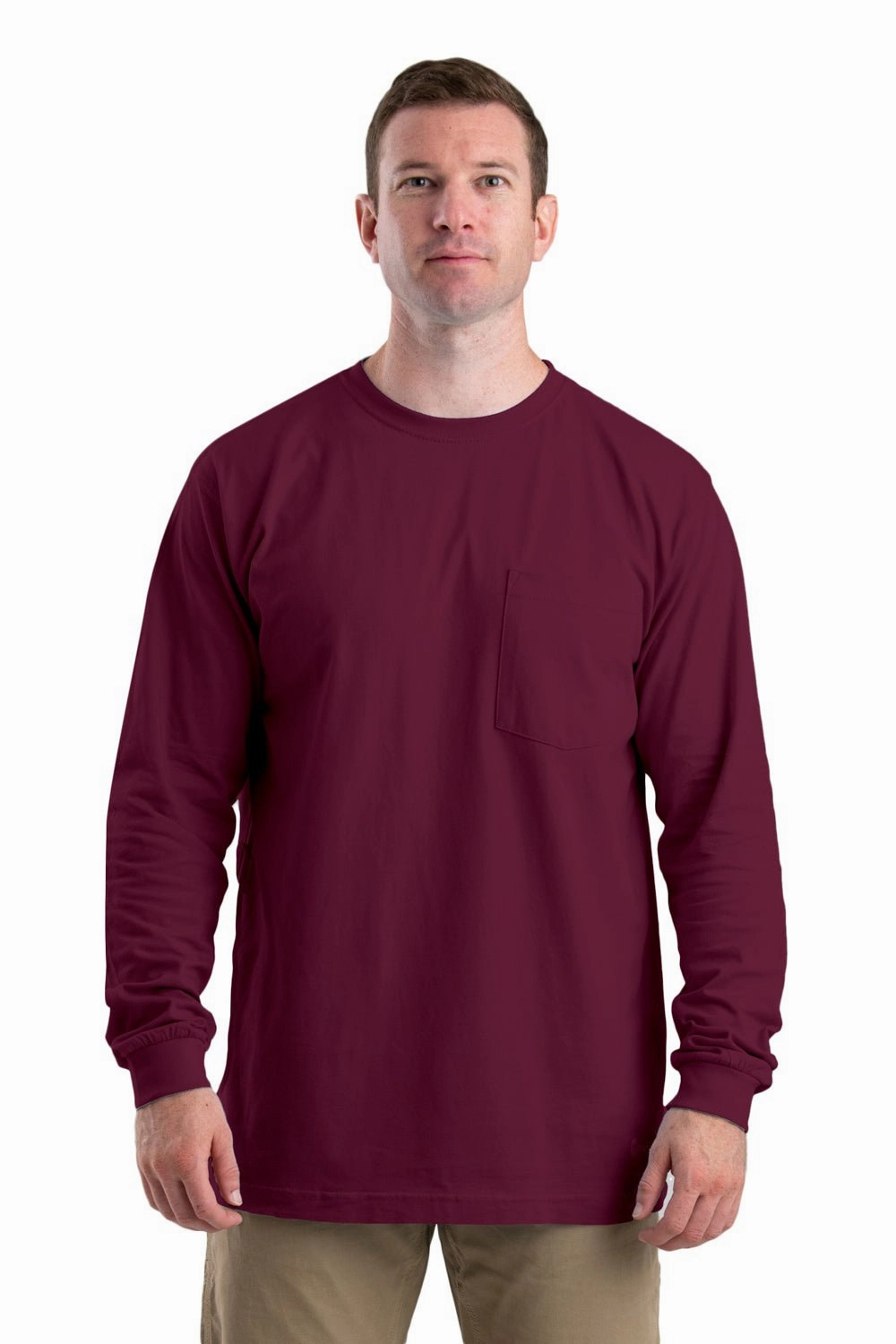 Comfort Wear Thermal Regulation Fabric Berne Mens Maroon Cotton Blend Heavyweight Pocket Tee L/S