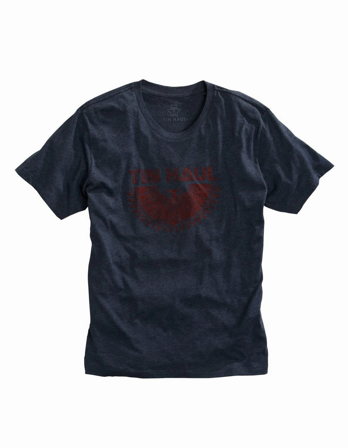 Seamless Shoulder Ribbed Trim Tin Haul Mens Navy Cotton Blend Aztec Eagle S/S T-Shirt