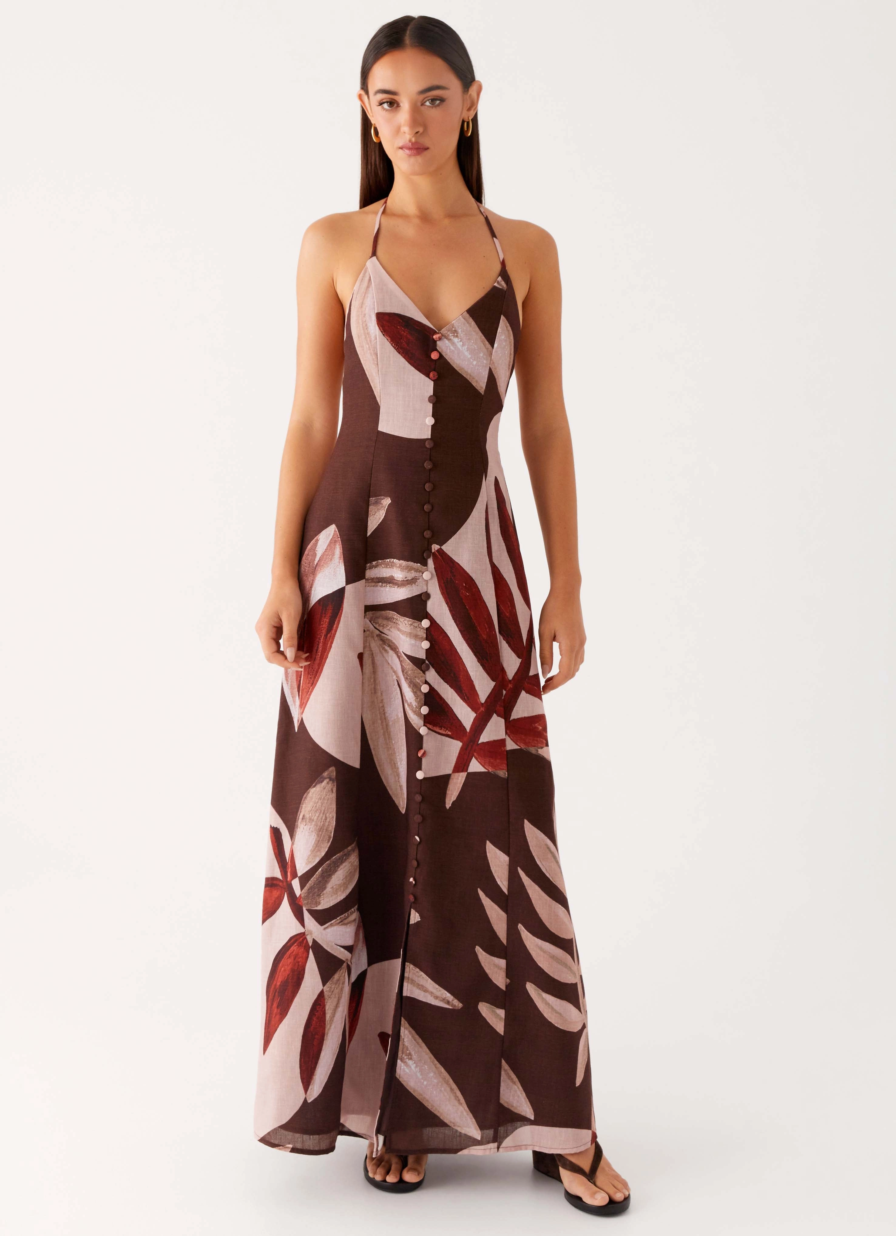 Silk Shine Effortless Layering Autumn Linen Maxi Dress - Cinnamon Palm