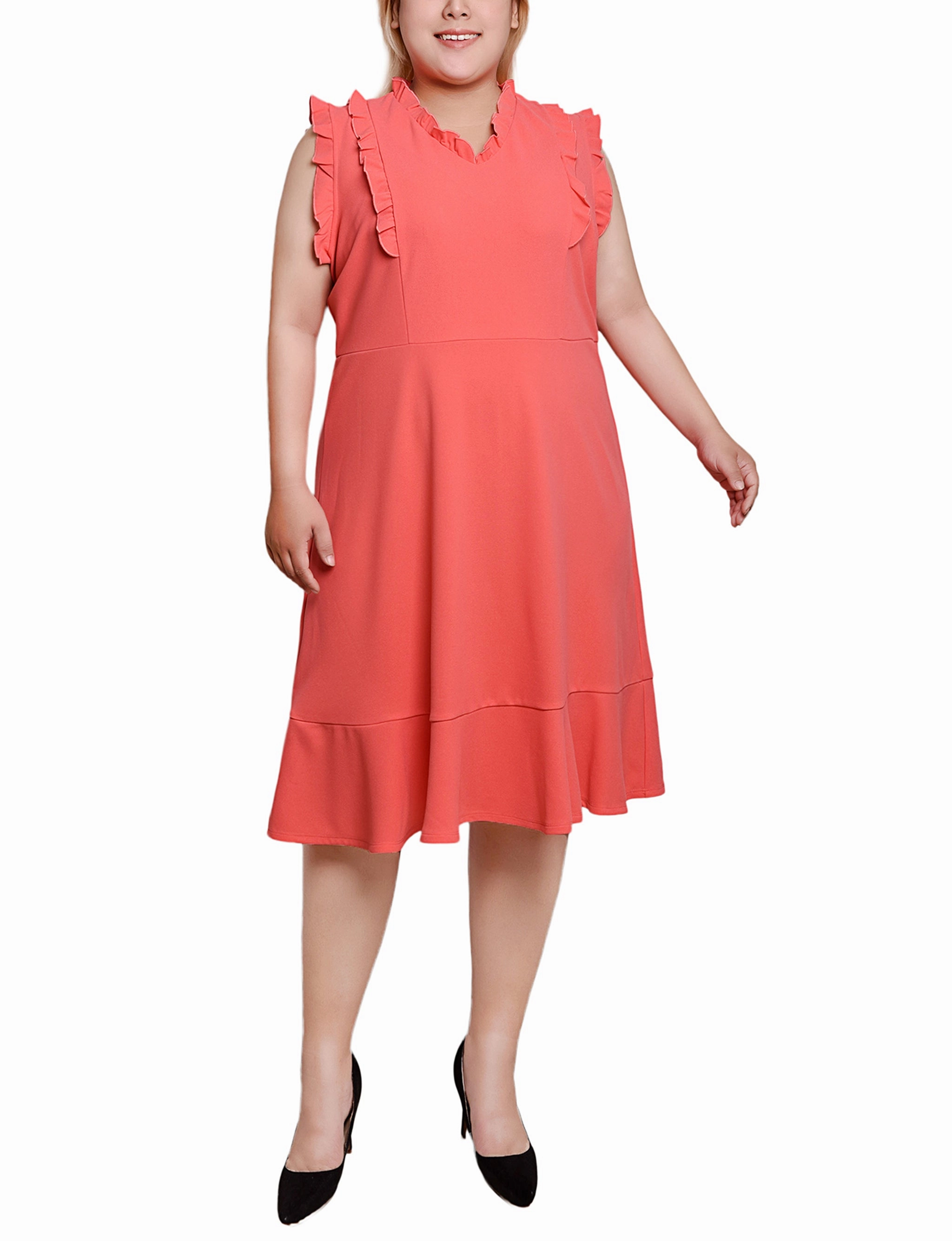 Plus Flutter Sleeve Scuba Dress Statement-Buttons Knit Warm