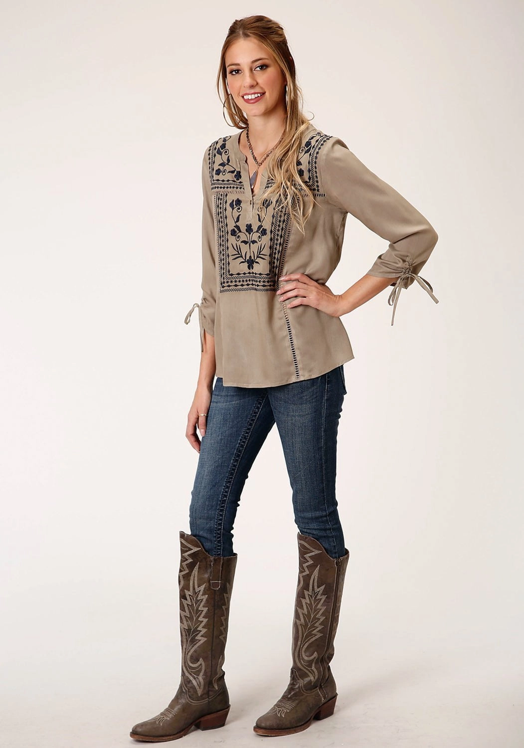 Button Down Design Roper Womens Green Rayon/Nylon Open Work S/S Blouse