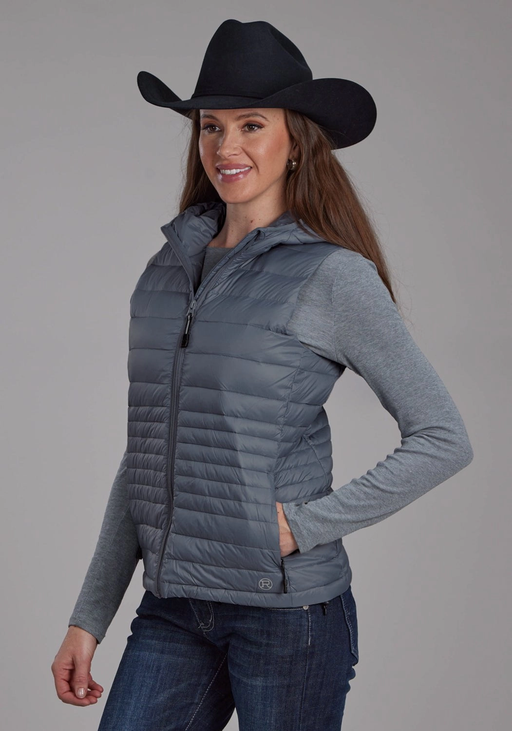 Roper Womens Parachute Down Silver Blue 100% Nylon Softshell Vest Layered Look Weekend Ready