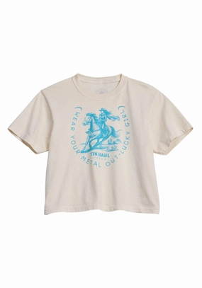 Tin Haul Womens Wear Your Metal Out Horseshoe Ivory 100% Cotton S/S T-Shirt Mesh Insert Autumn Look