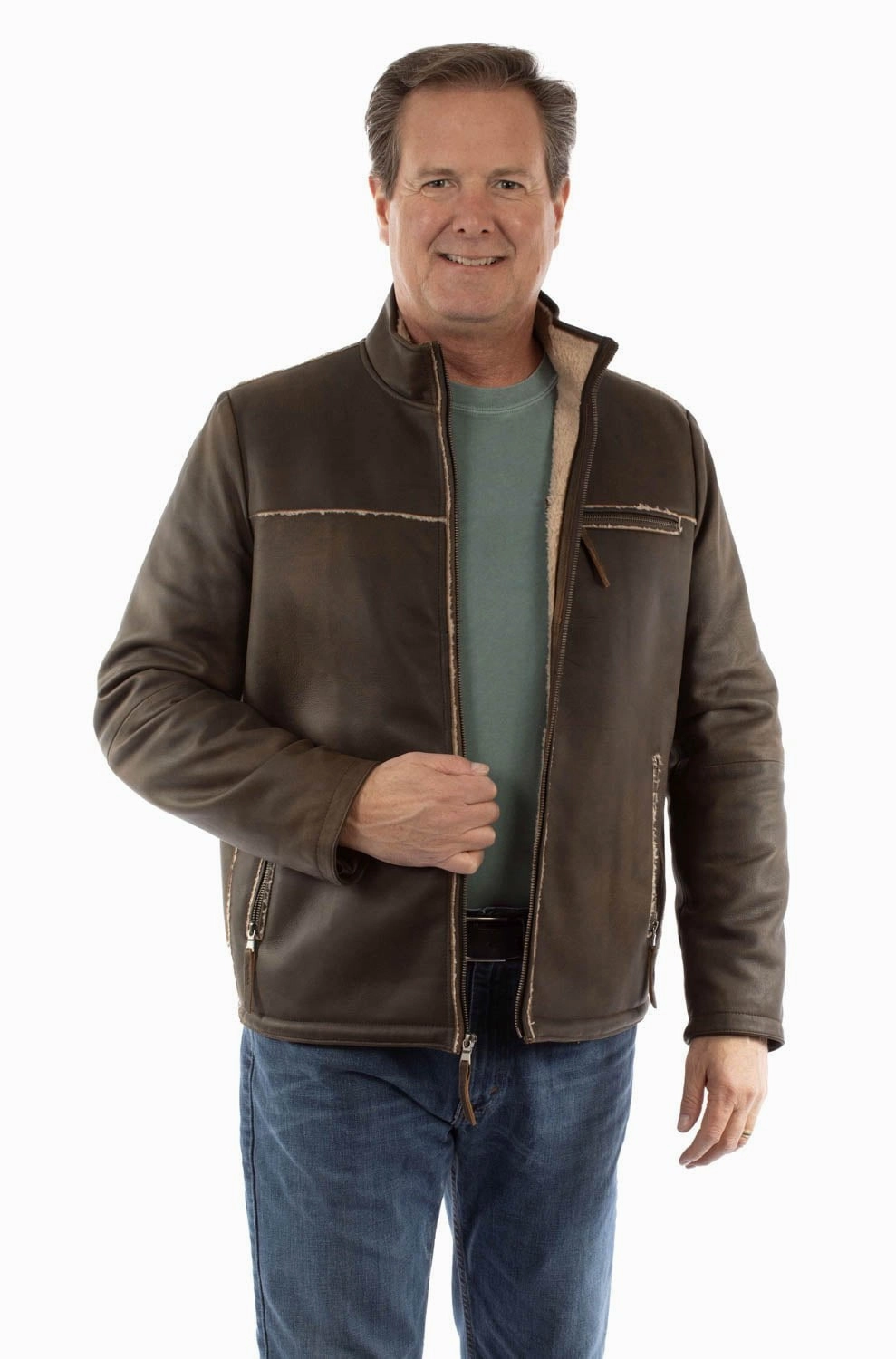 Scully Mens Classic Bomber Brown Leather Leather Jacket Simple Look Layer Friendly Shape
