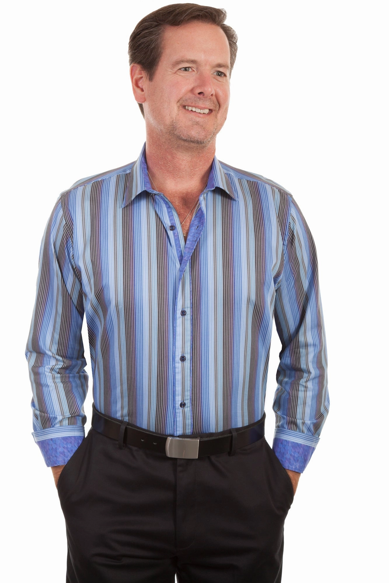 Mature Elegance Scully Mens Sky 100% Cotton Stripe L/S Shirt