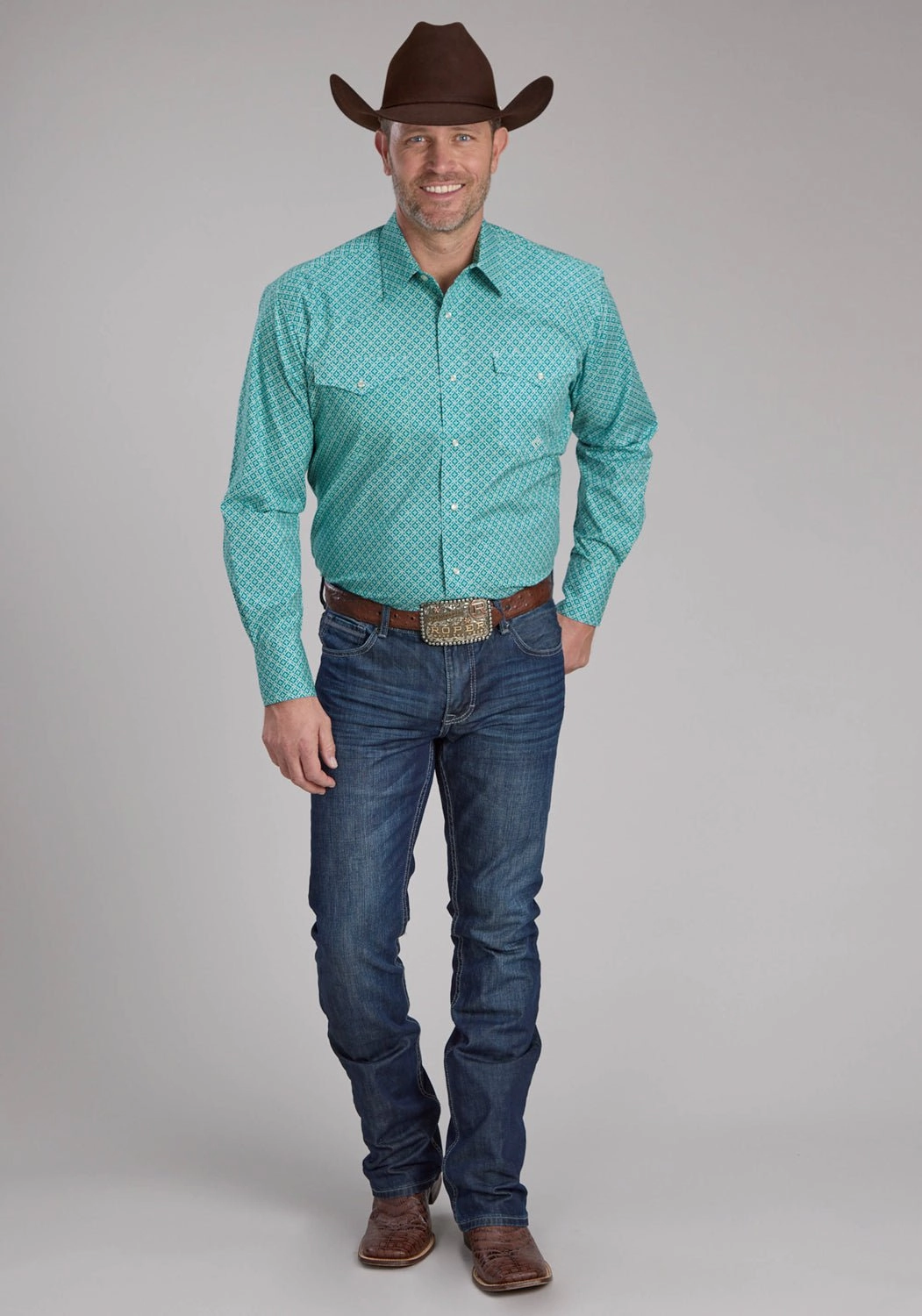 Wrinkle Resistant Material Roper Mens 2250 Four Point Foulard Turquoise Cotton Blend L/S Shirt