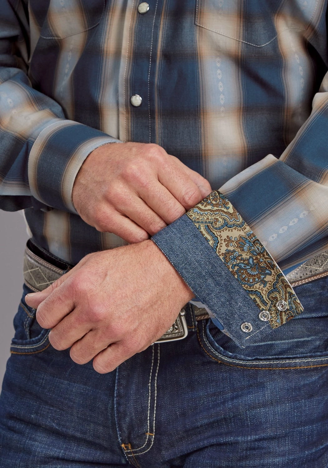 Stetson Mens Vintage Blue Dobby Blue 100% Cotton L/S Shirt Reinforced Elasticity Camouflage Style