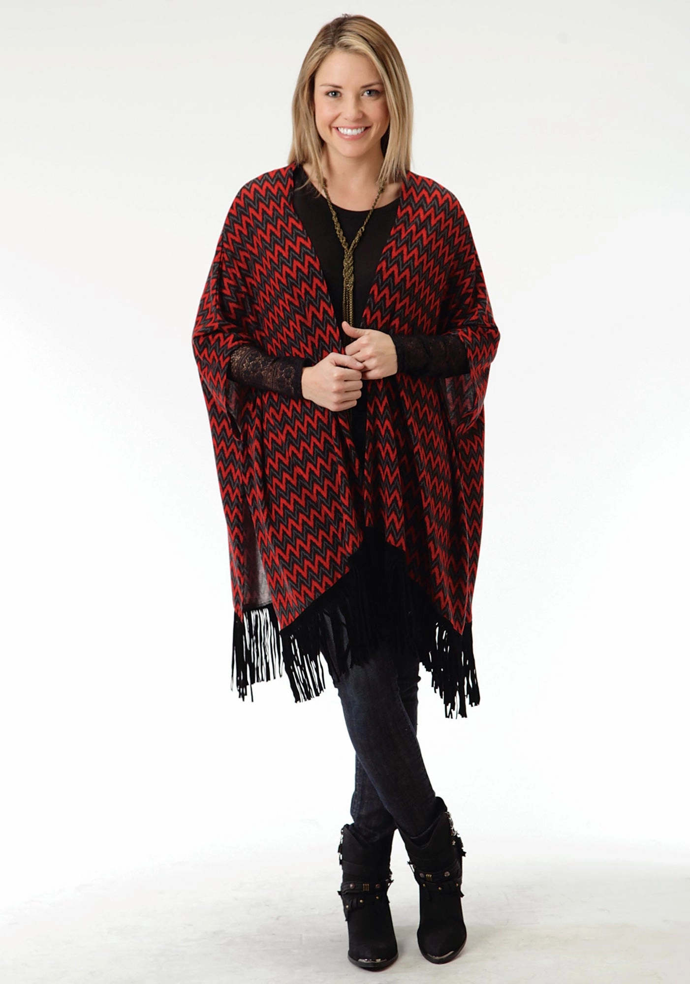 Roper Black Chevron Ladies Red Polyester Poncho Sweater Trendy Look Moisture wicking