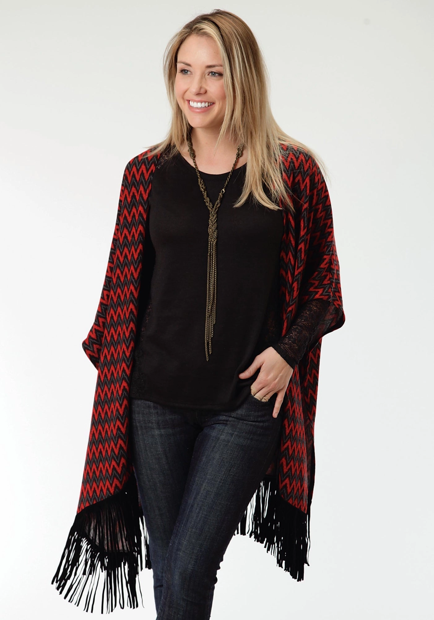 Double Layered Collars Roper Black Chevron Ladies Red Polyester Poncho Sweater