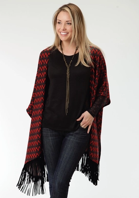Street Look Roper Black Chevron Ladies Red Polyester Poncho Sweater
