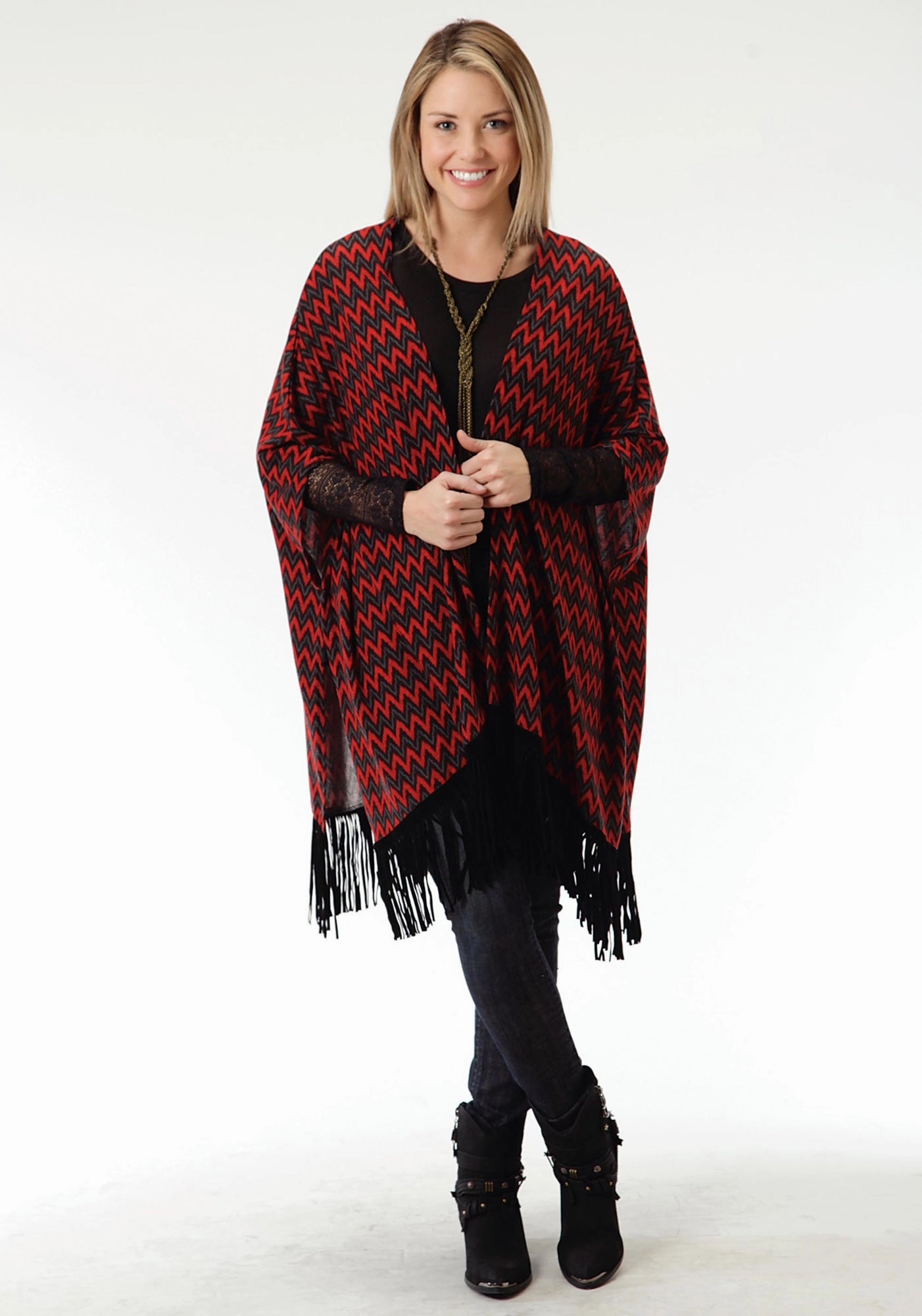 Roper Black Chevron Ladies Red Polyester Poncho Sweater Breathable Mesh Panels Casual Street Style