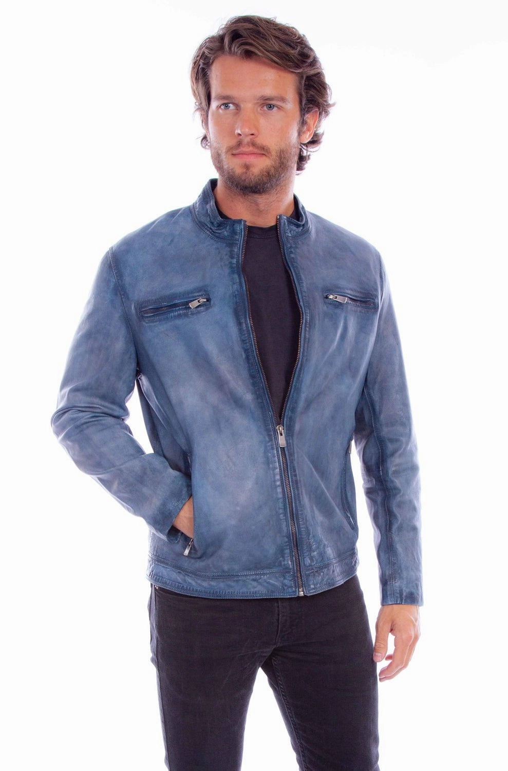Wrinkle Free Exterior Scully Mens Distressed Slim Fit Denim Leather Leather Jacket