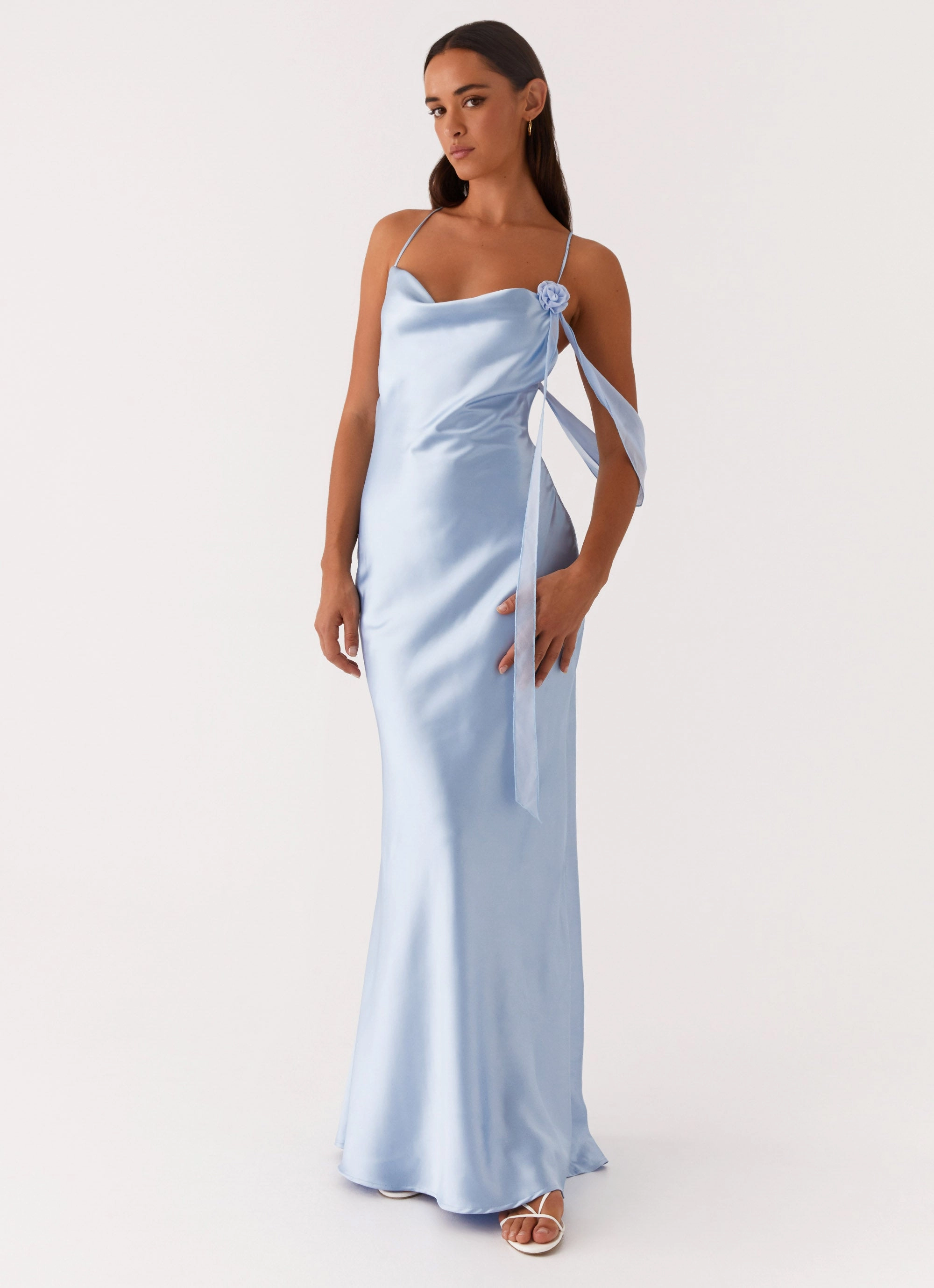 Too Sweet Satin Maxi Dress - Blue Playful Cut Elegant formal outfit