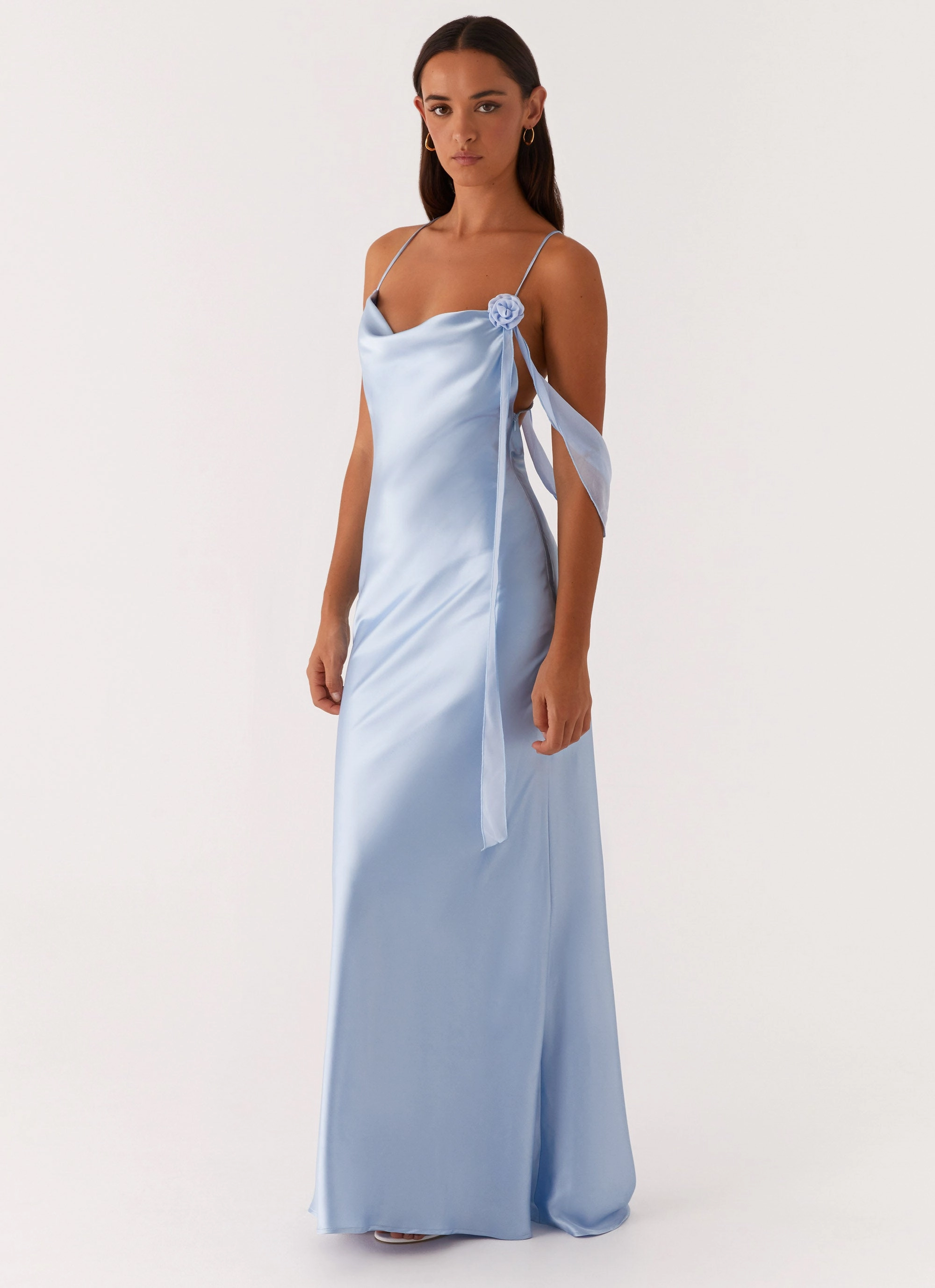 Contemporary Fit Light Coat Too Sweet Satin Maxi Dress - Blue