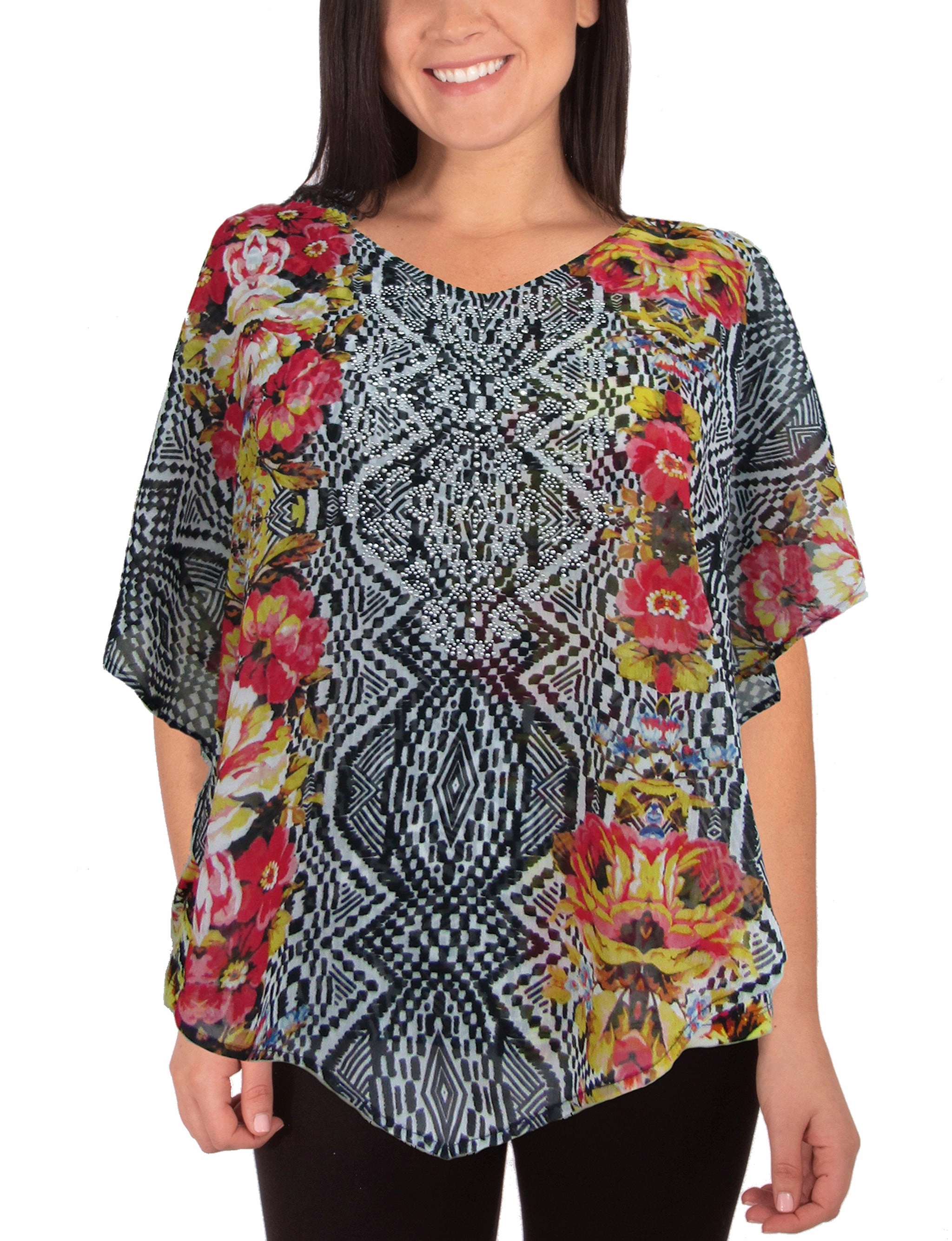 V-Neck Printed Poncho With Nailhead Details Quick Dry Fabric