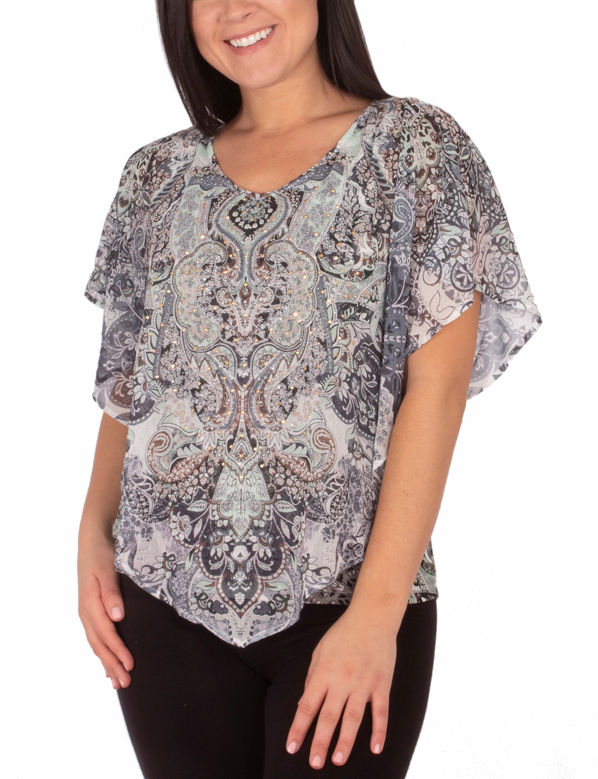 QuickRelease Closures Fashionable Tank V-Neck Printed Poncho With Nailhead Details