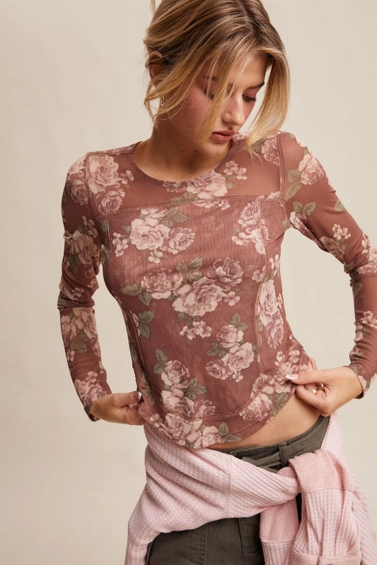Reinforced Seam Technique FadeResistant Finish Flora Floral Mesh Long Sleeve Top S-XL