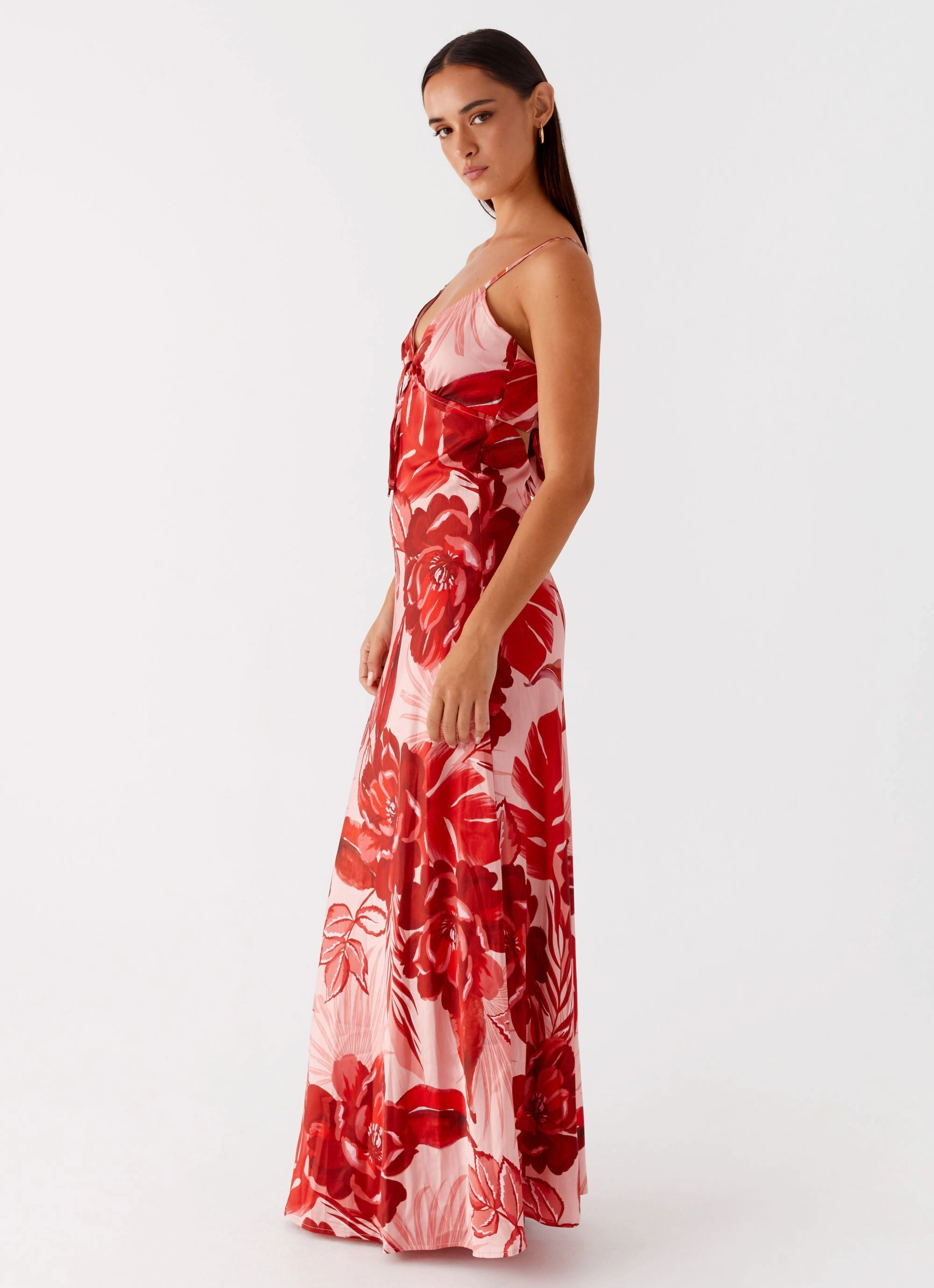 Soft Profile Dinner Outfit Flora Satin Maxi Dress - Sicily Sunsets Print