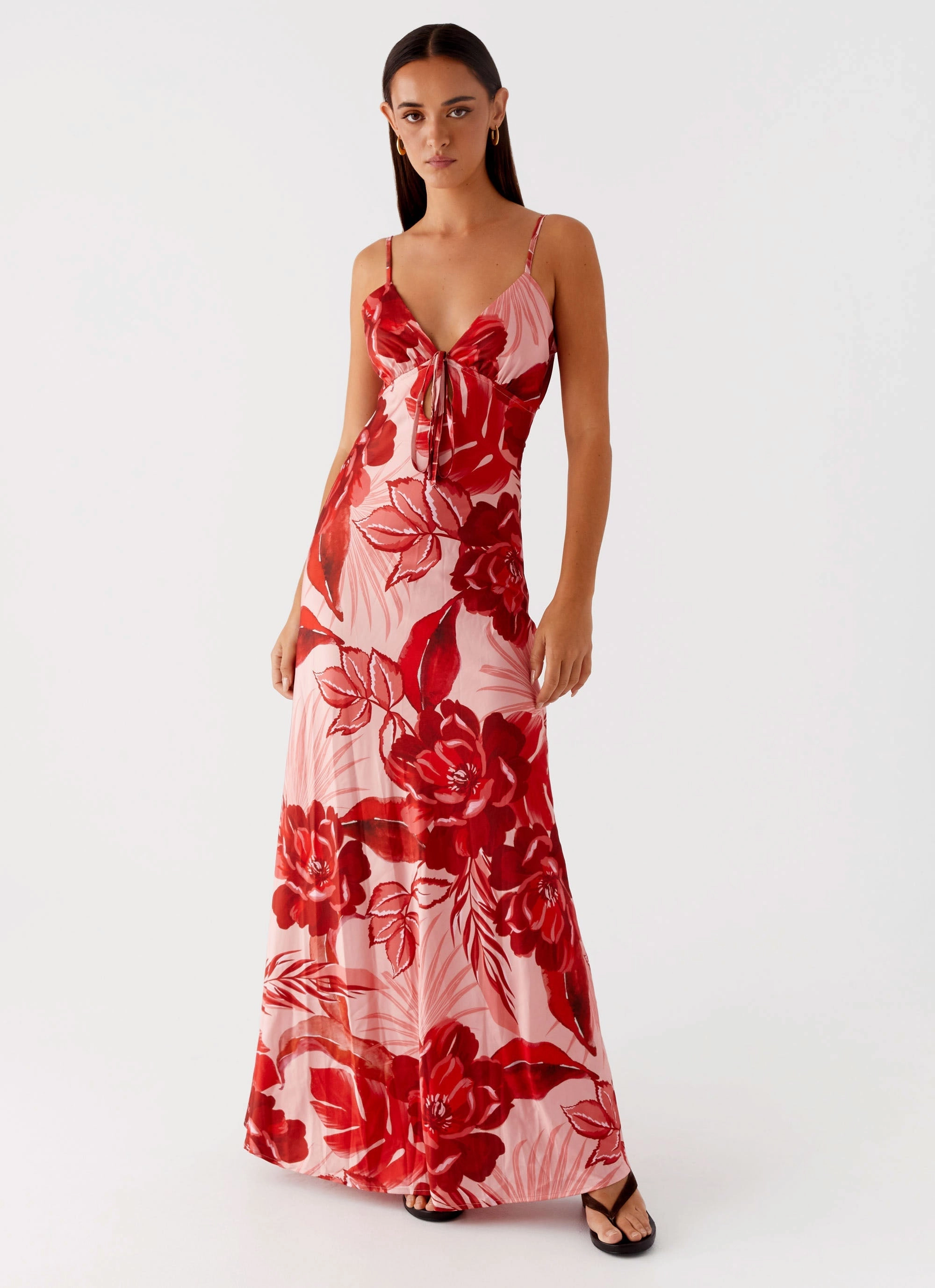 Tiered Skirt Flora Satin Maxi Dress - Sicily Sunsets Print