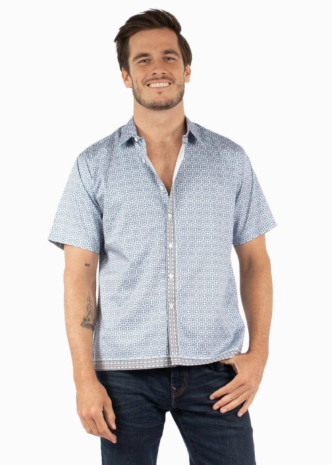 Winter Layering Scully Mens Geometric Button Placket Blue 100% Cotton S/S Shirt