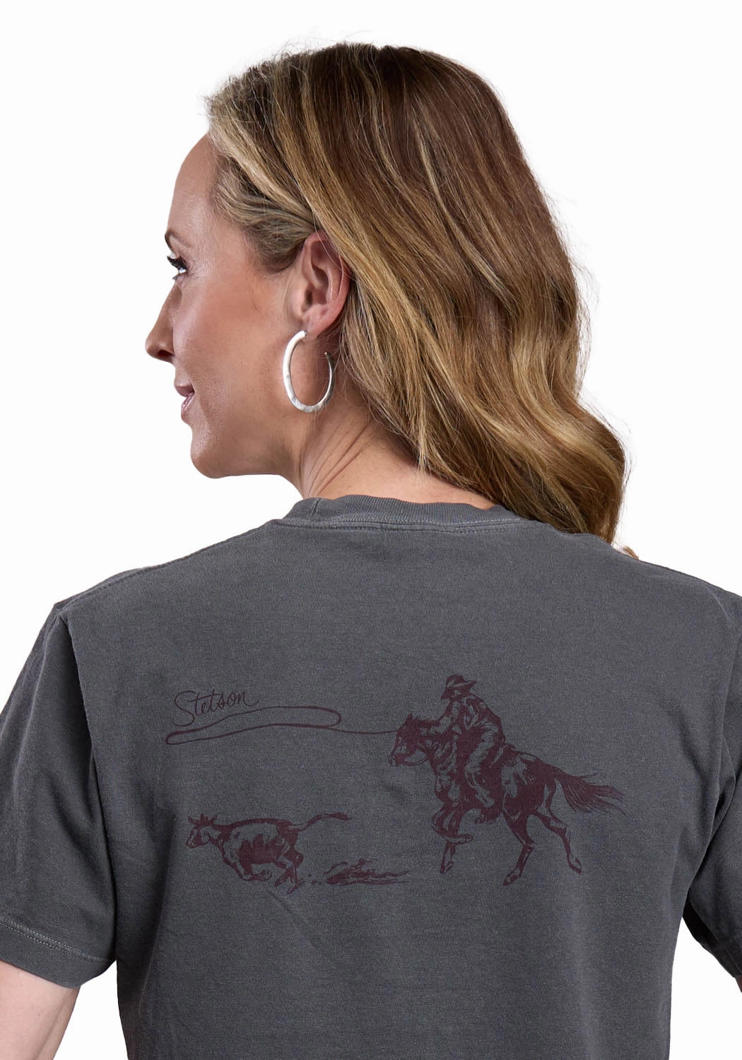 Stetson Womens Roping A Calf Grey 100% Cotton S/S T-Shirt Bold Graphics
